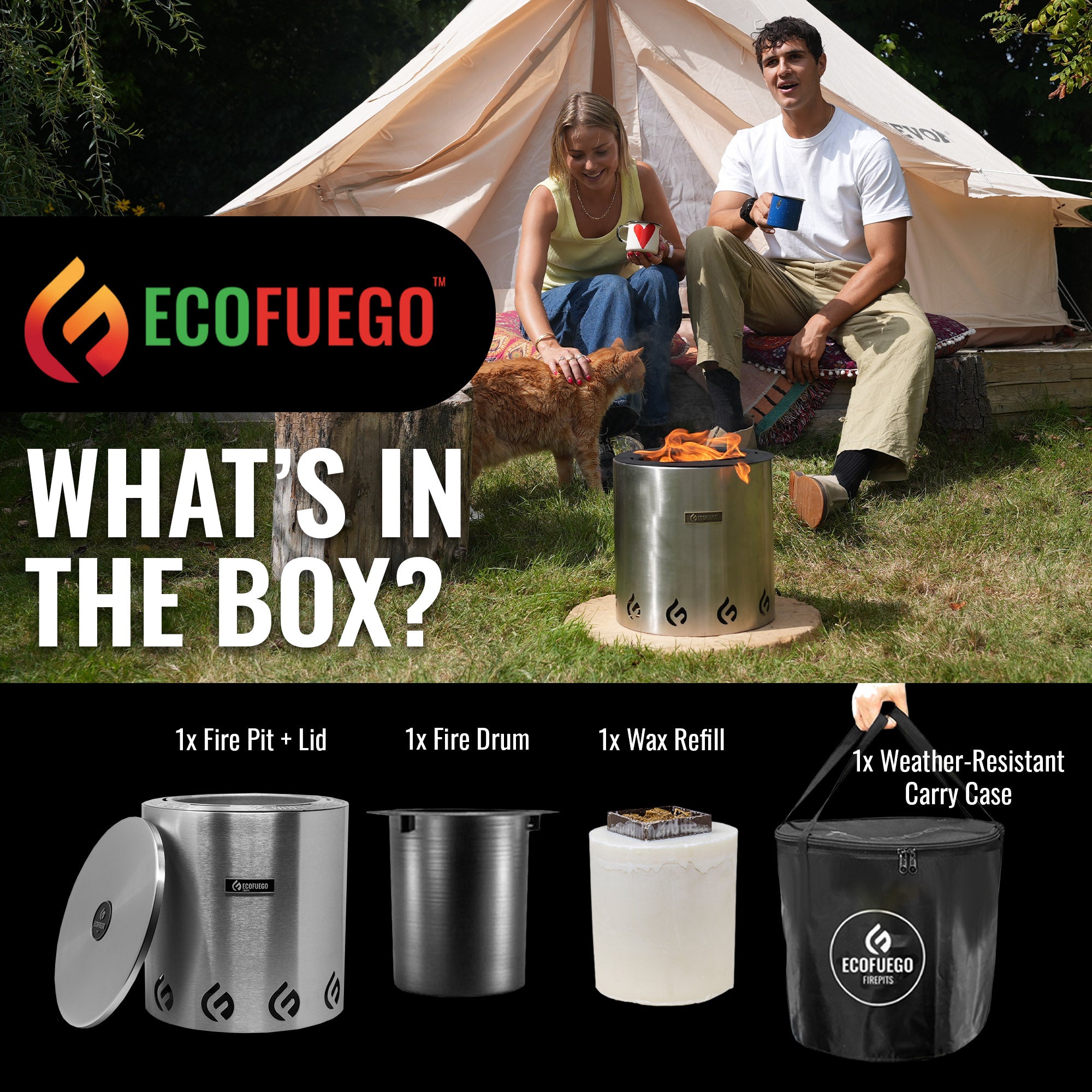 El Campo Portable Wax-Burning Fire Pit – Clean-Burning, No-Wood Fuel with 8-Hour Wax Refill – Compact and Durable for Camping, Travel, and Outdoor Use