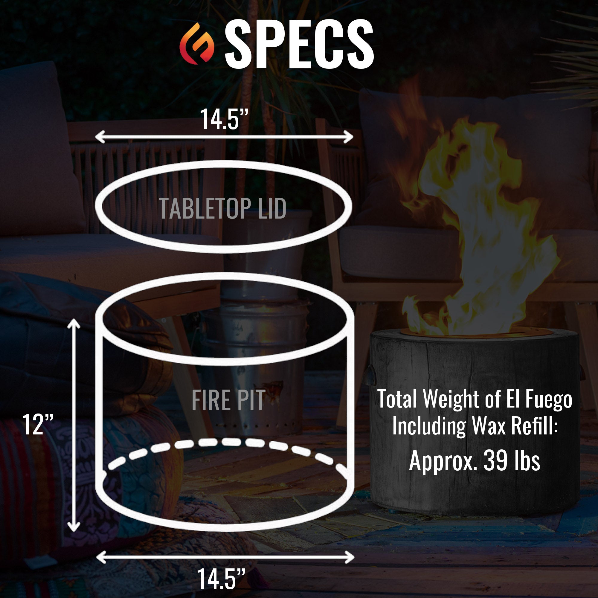 El Fuego Portable Wax Burning Fire Pit - Easy Start, Clean-Burning, No Wood Smoke with 8-Hour Starter Wax Fuel for Interval Burning - Ideal for Patios, Camping and Outdoor Use