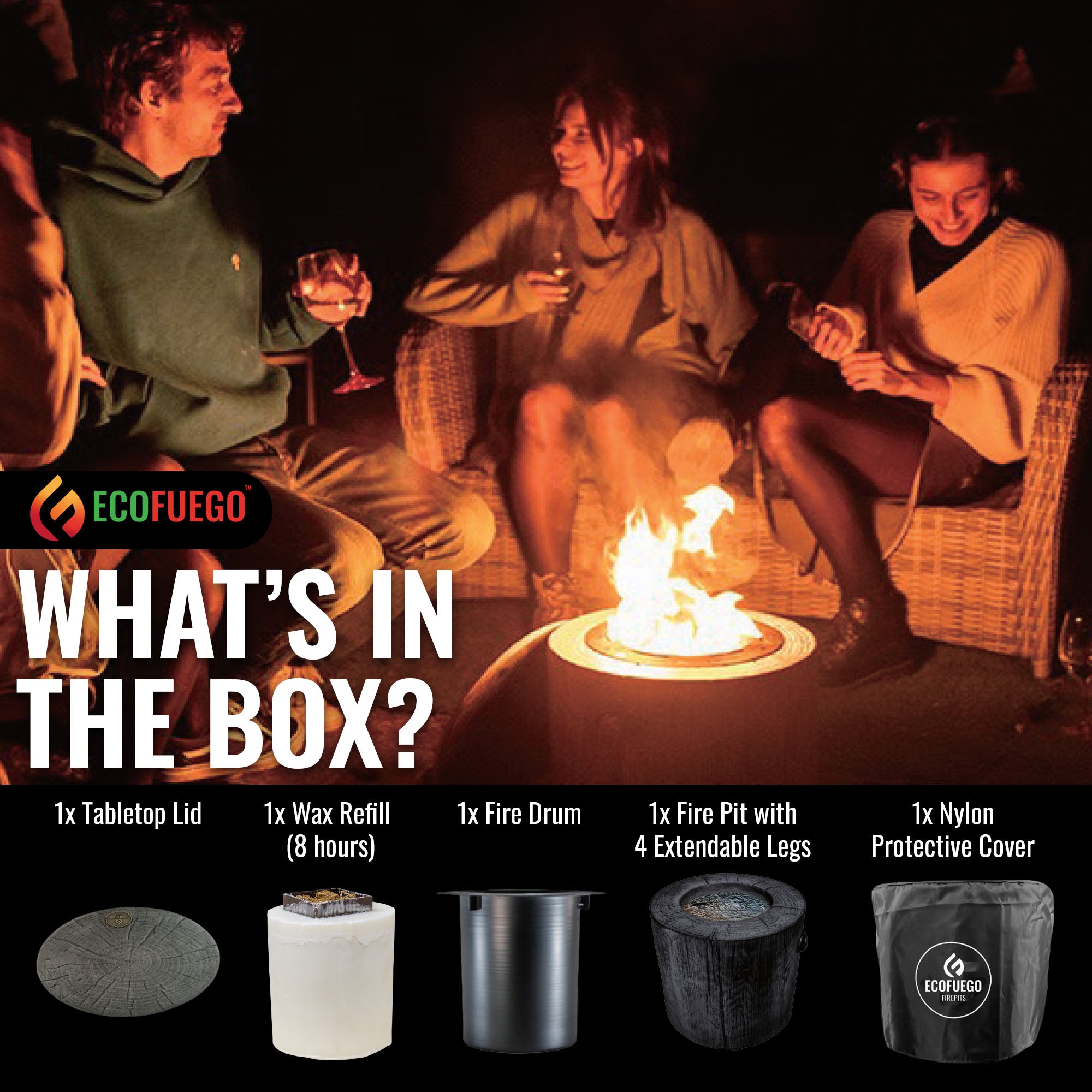El Fuego Portable Wax Burning Fire Pit - Easy Start, Clean-Burning, No Wood Smoke with 8-Hour Starter Wax Fuel for Interval Burning - Ideal for Patios, Camping and Outdoor Use