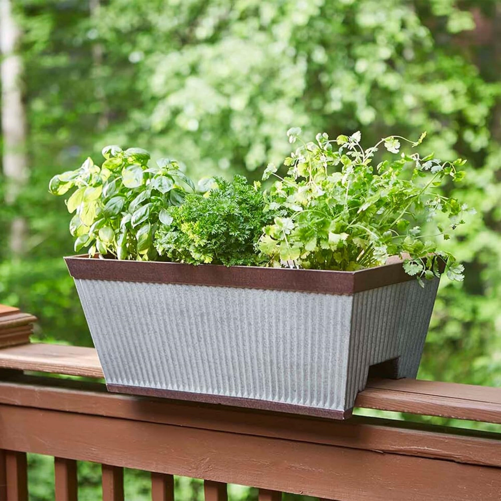 Southern Patio Westlake Deck Rail Resin Flower Planter, Rustic Galvanized and Silver, 24in