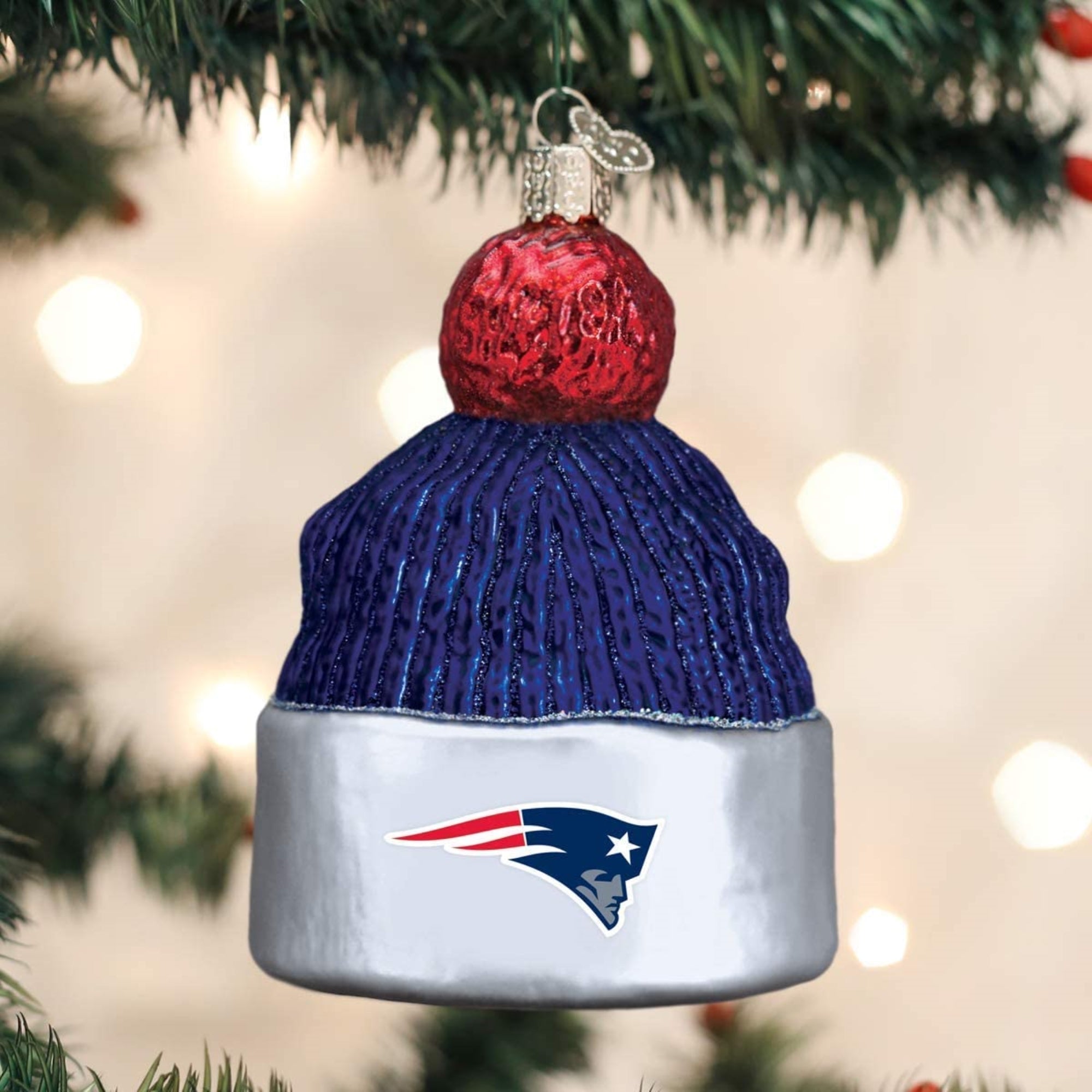 Old World Christmas Blown Glass Ornament for Christmas Tree, New England Patriots Beanie