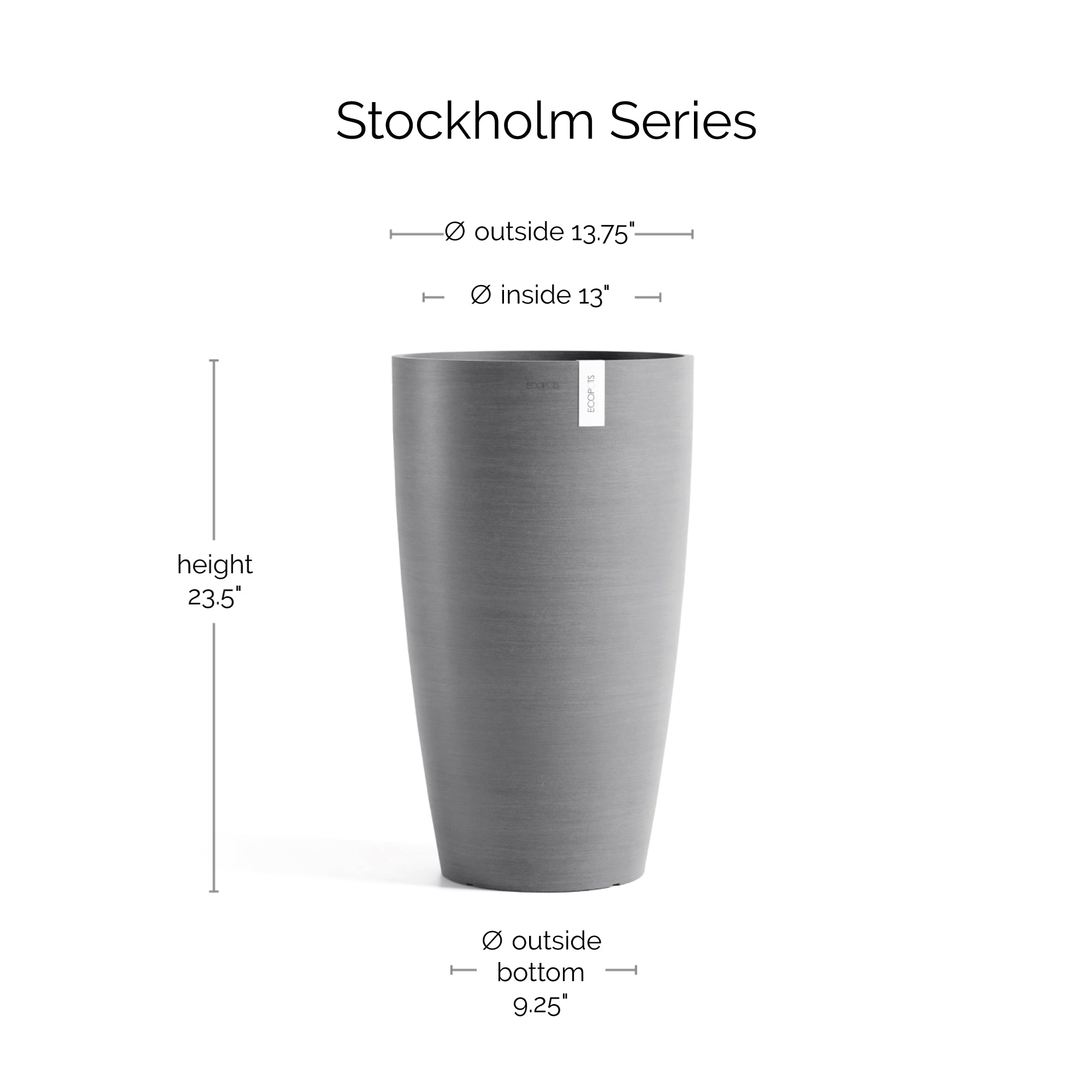 Ecopots Stockholm High Durable Modern Round Indoor/Outdoor Recycled-Based Composite Flower Pot Planter, 23.5"