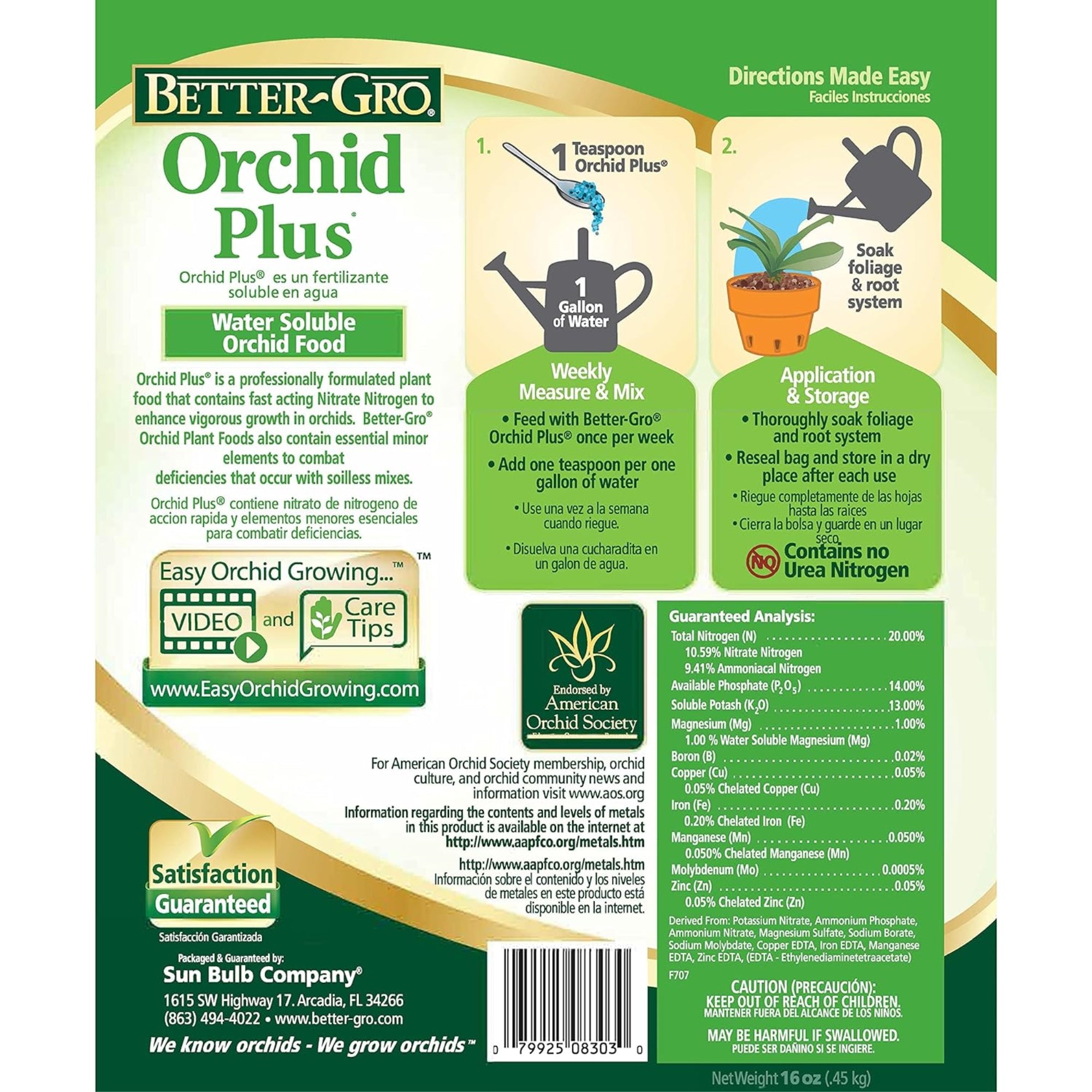 Better-Gro Orchid Plus 20-14-13 - Urea-Free Orchid Water Soluble Fertilizer for Vigorous Growth, Nitrate Nitrogen-Rich, Ideal for Indoor Potted Plants and Tropical Plants - 16oz Resealable Bag