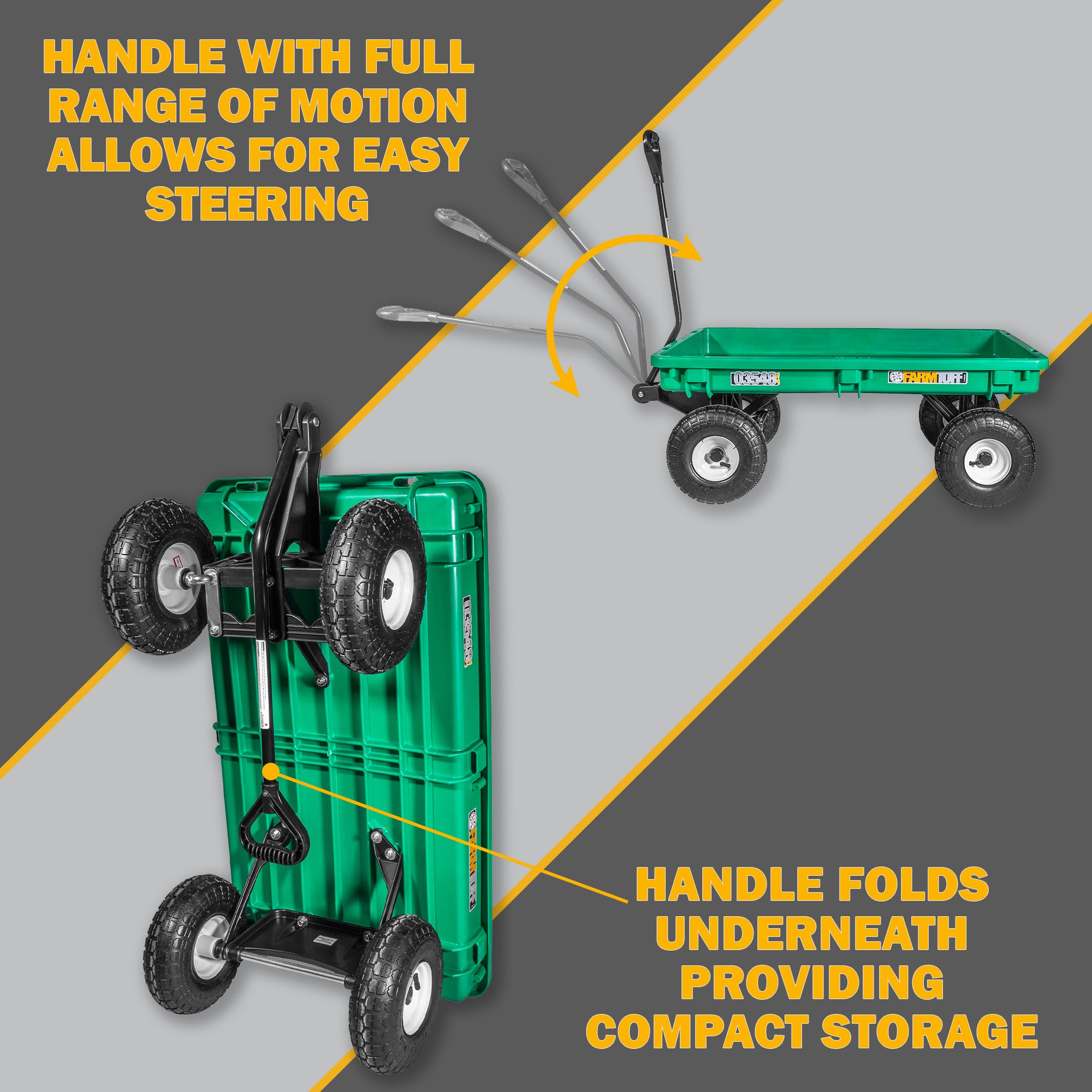 FARM-TUFF Durable Plastic Deck Garden Wagon Utility Cart with Pneumatic Tires, Green, 20" x 38"