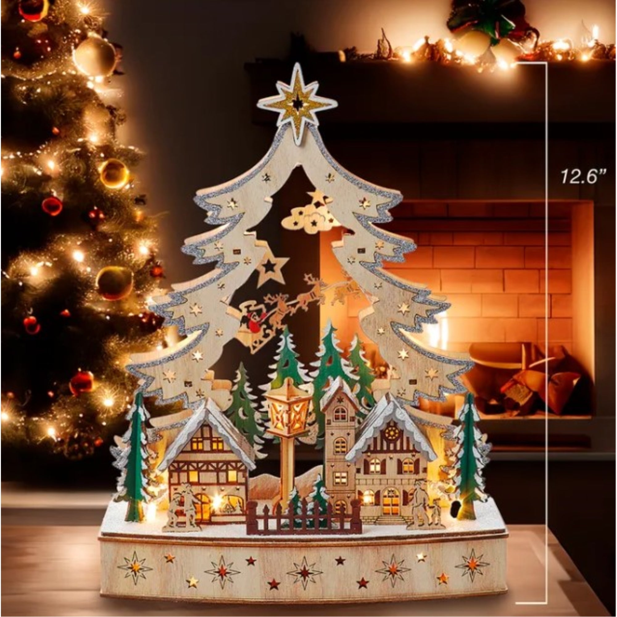 Kurt Adler Battery Operated Lighted Christmas Tree Village Christmas Decoration, 12.5in
