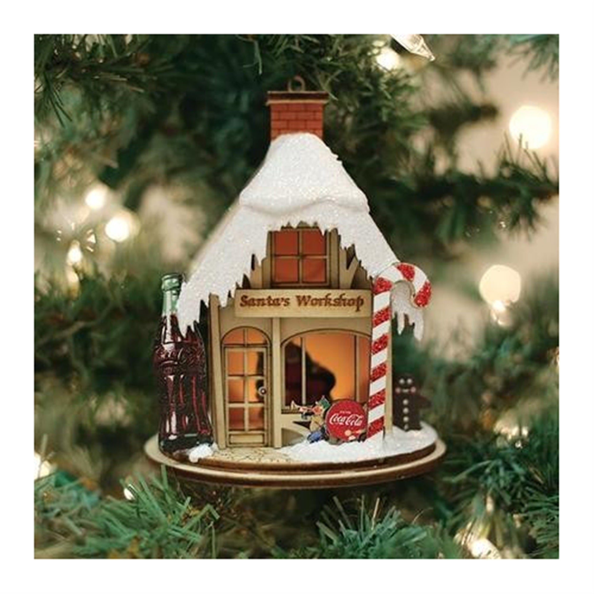 Old World Christmas Ginger Cottage Wooden Ornament for Christmas Tree, Coco-Cola Santa's Workshop
