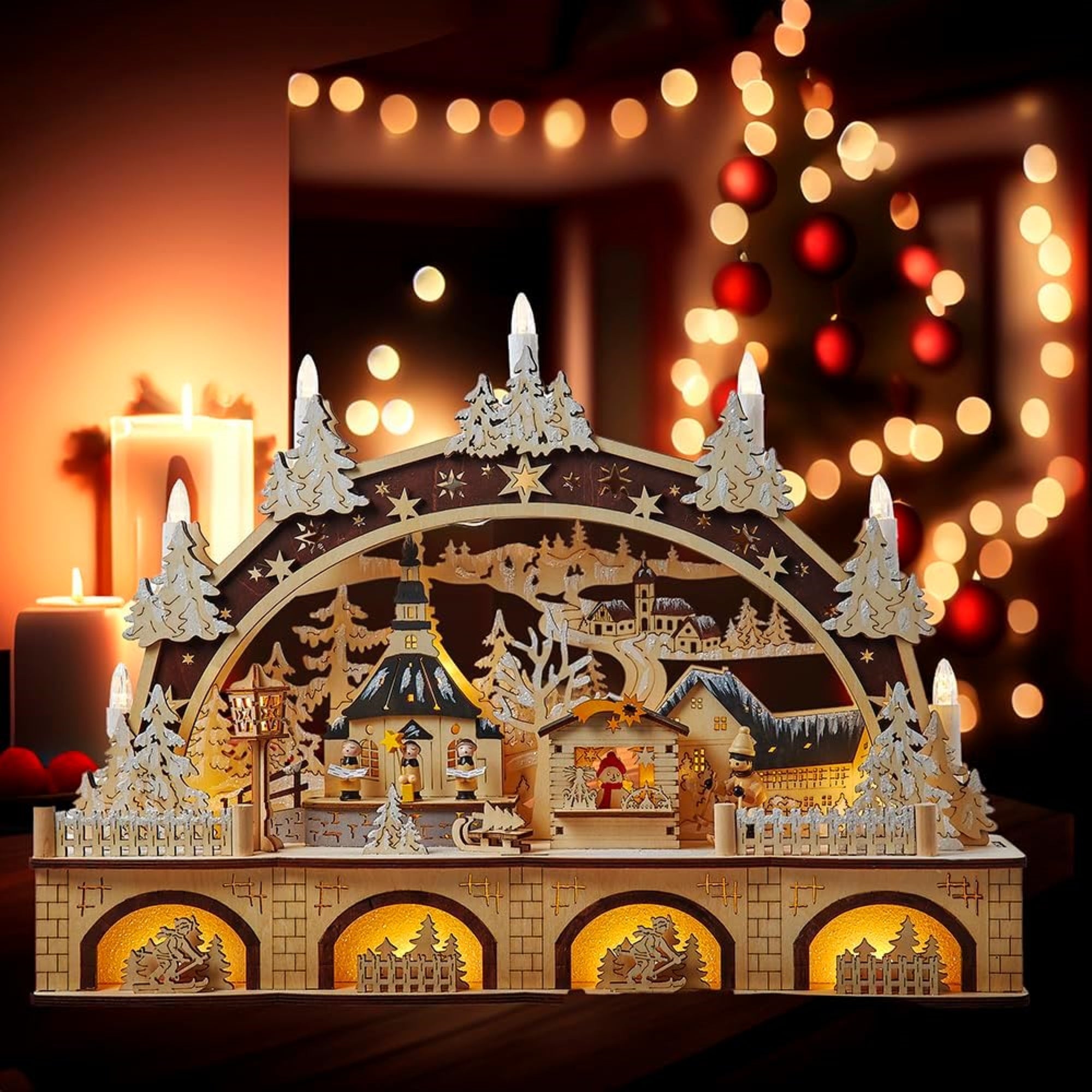 Kurt Adler Battery Operated Wooden LED Light-Up Christmas Village with Candle, 17.75"