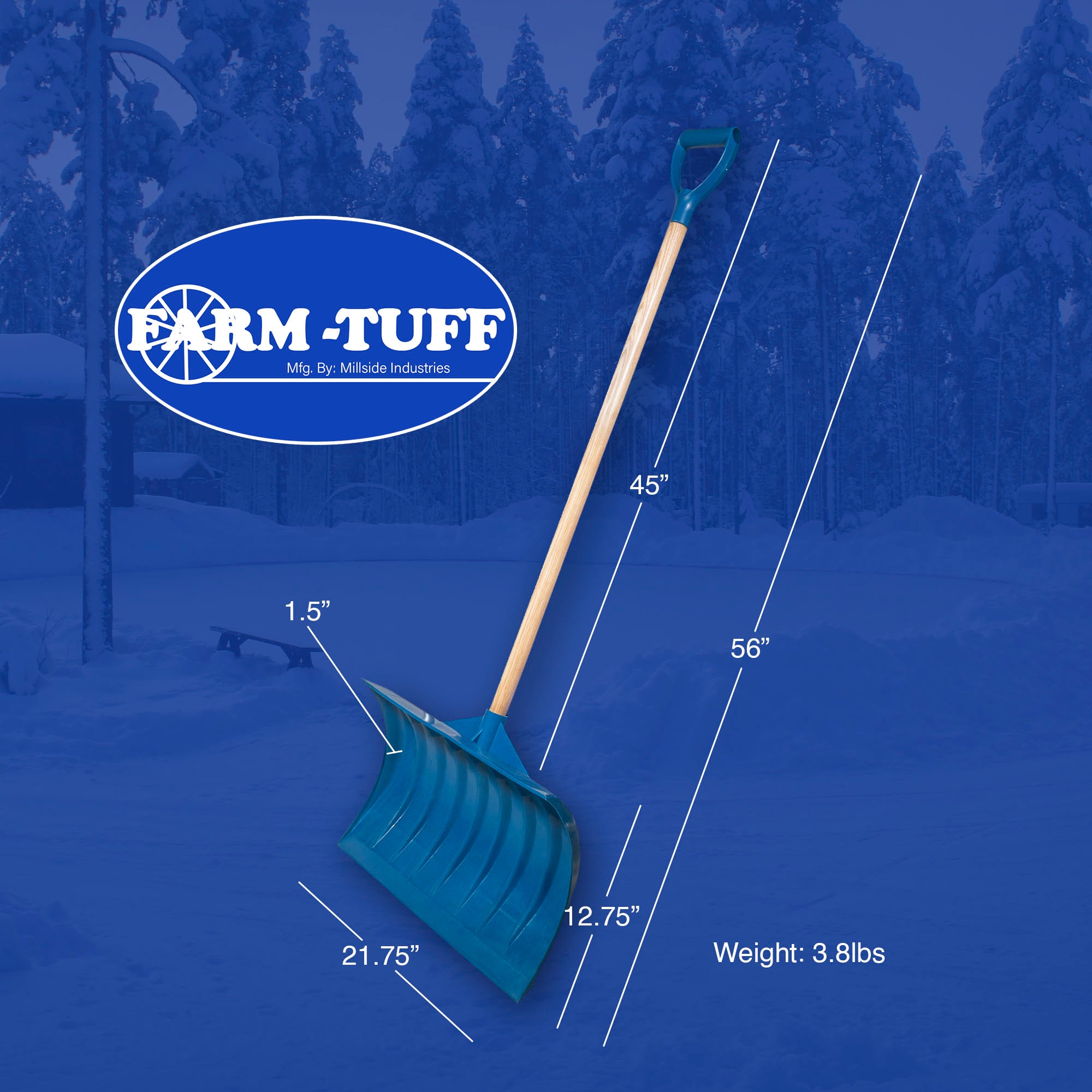 FARM-TUFF Durable Snow Shovel Pusher with Ash Hardwood Handle and Large Non Stick Plastic Blade, Blue, 21.8in