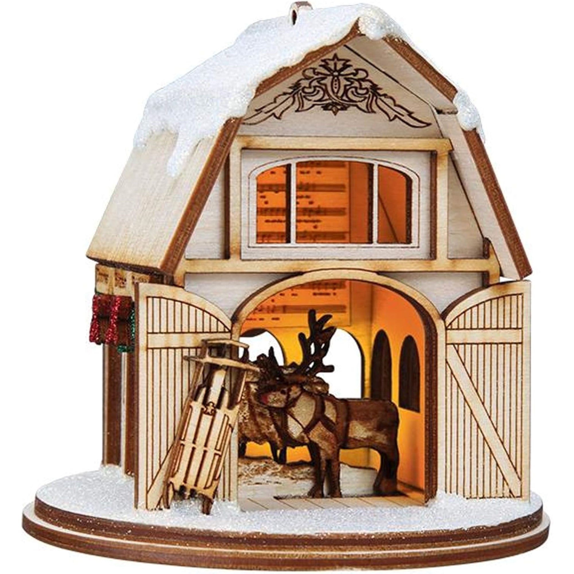 Old World Christmas Ginger Cottage Wooden Ornament for Christmas Tree, Santa's Reindeer Barn