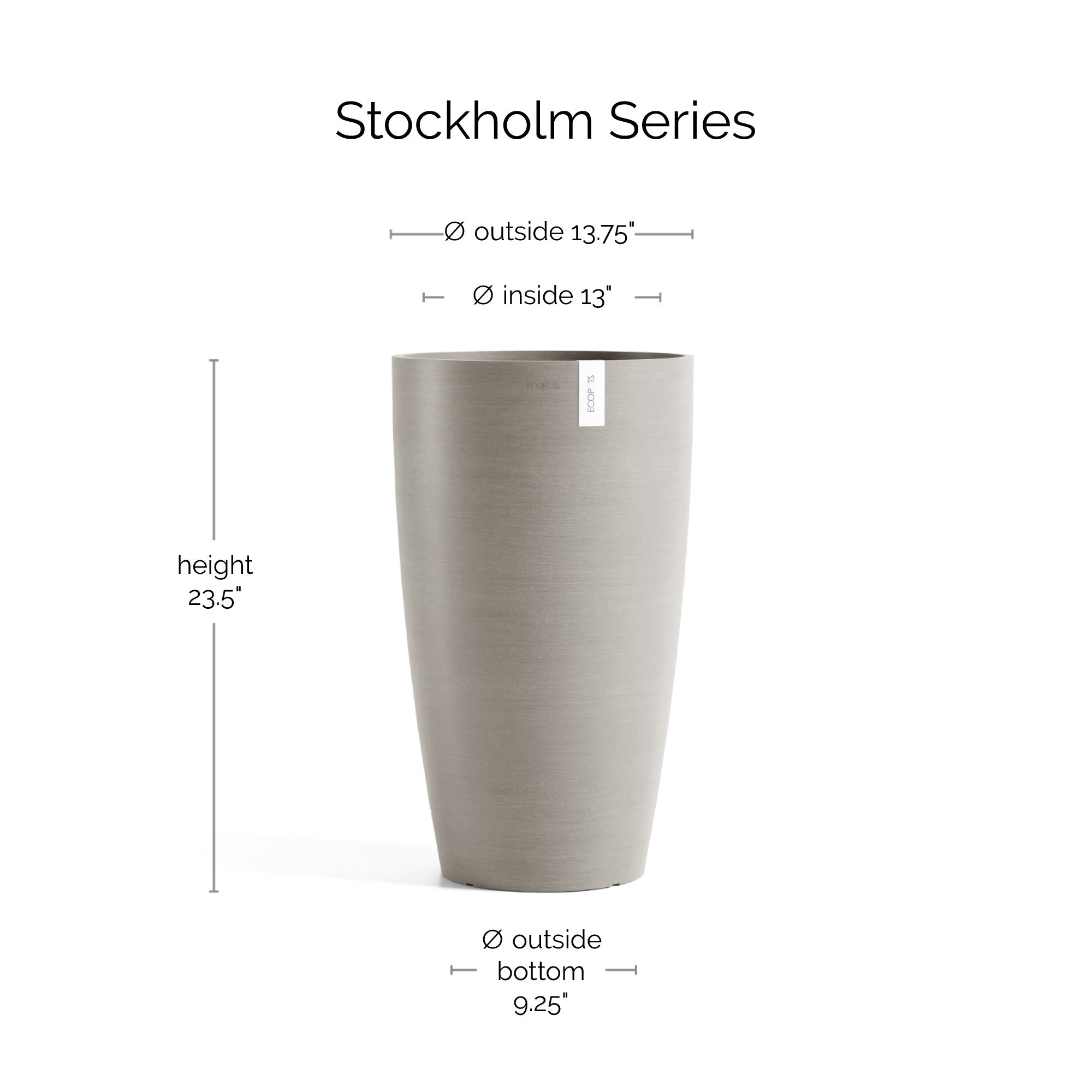 Ecopots Stockholm High Durable Modern Round Indoor/Outdoor Recycled-Based Composite Flower Pot Planter, 23.5"