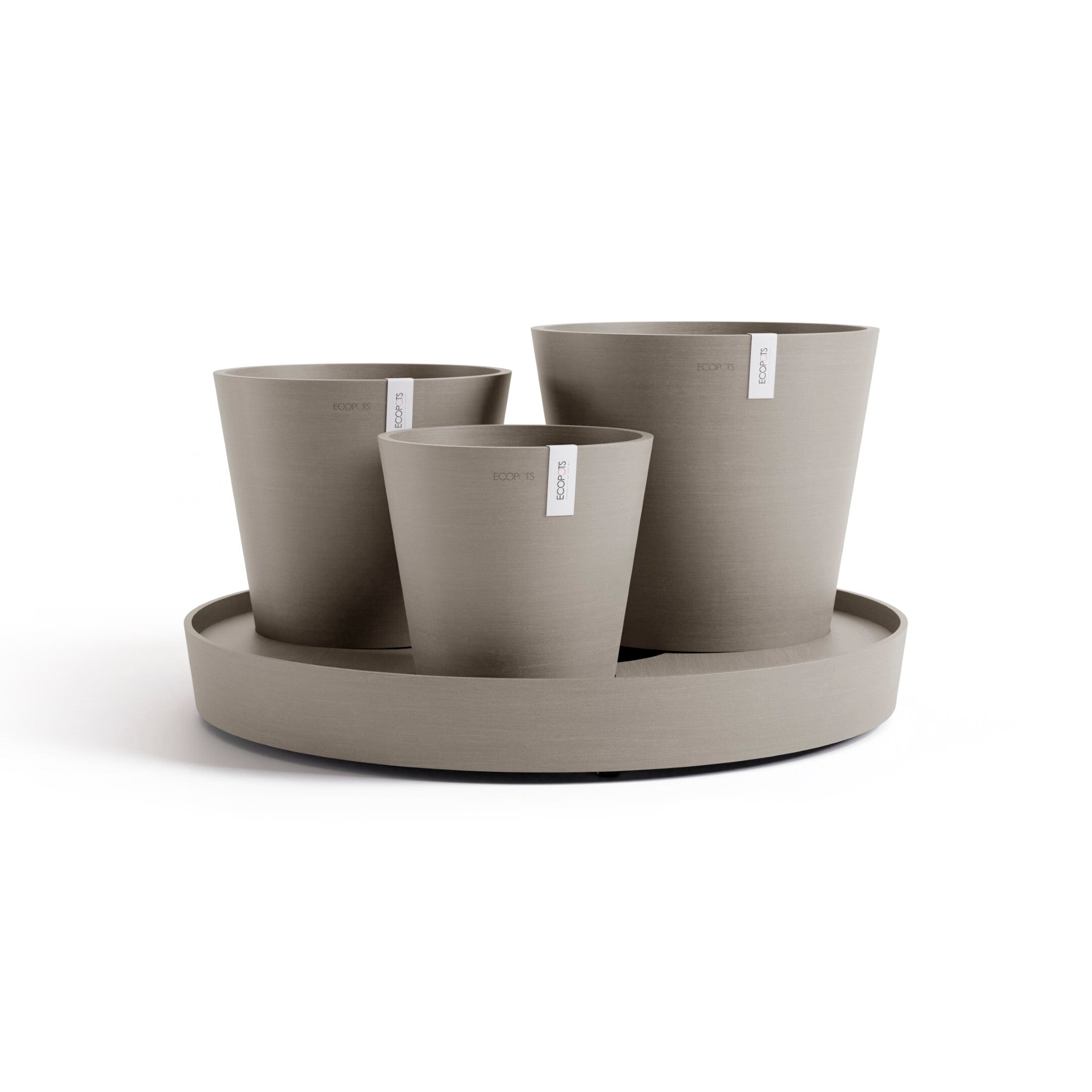 Ecopots Dubai Self Watering Durable Modern Round Indoor/Outdoor Recycled-Based Composite Flower Pot Planters w/Wheels and Saucer, 22"