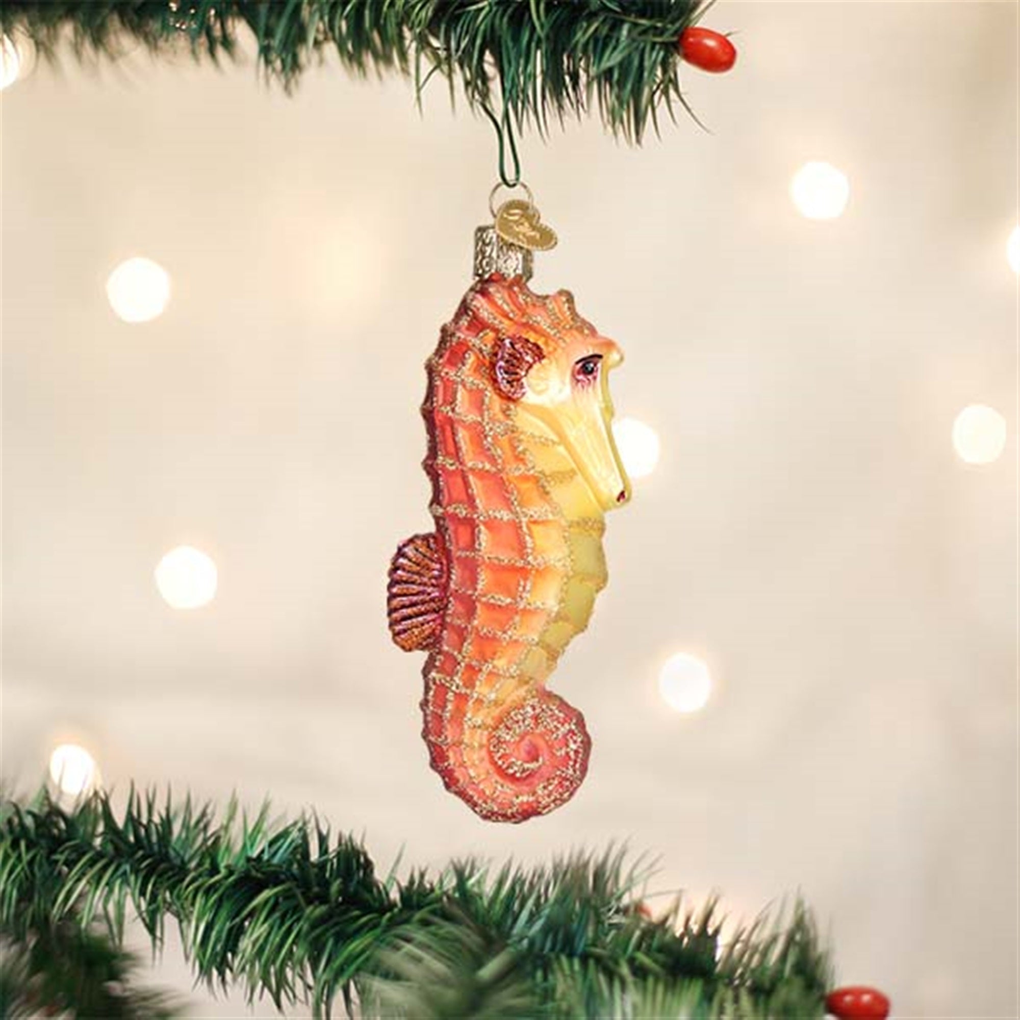 Old World Christmas Blown Glass Ornament for Christmas Tree, Orange Seahorse