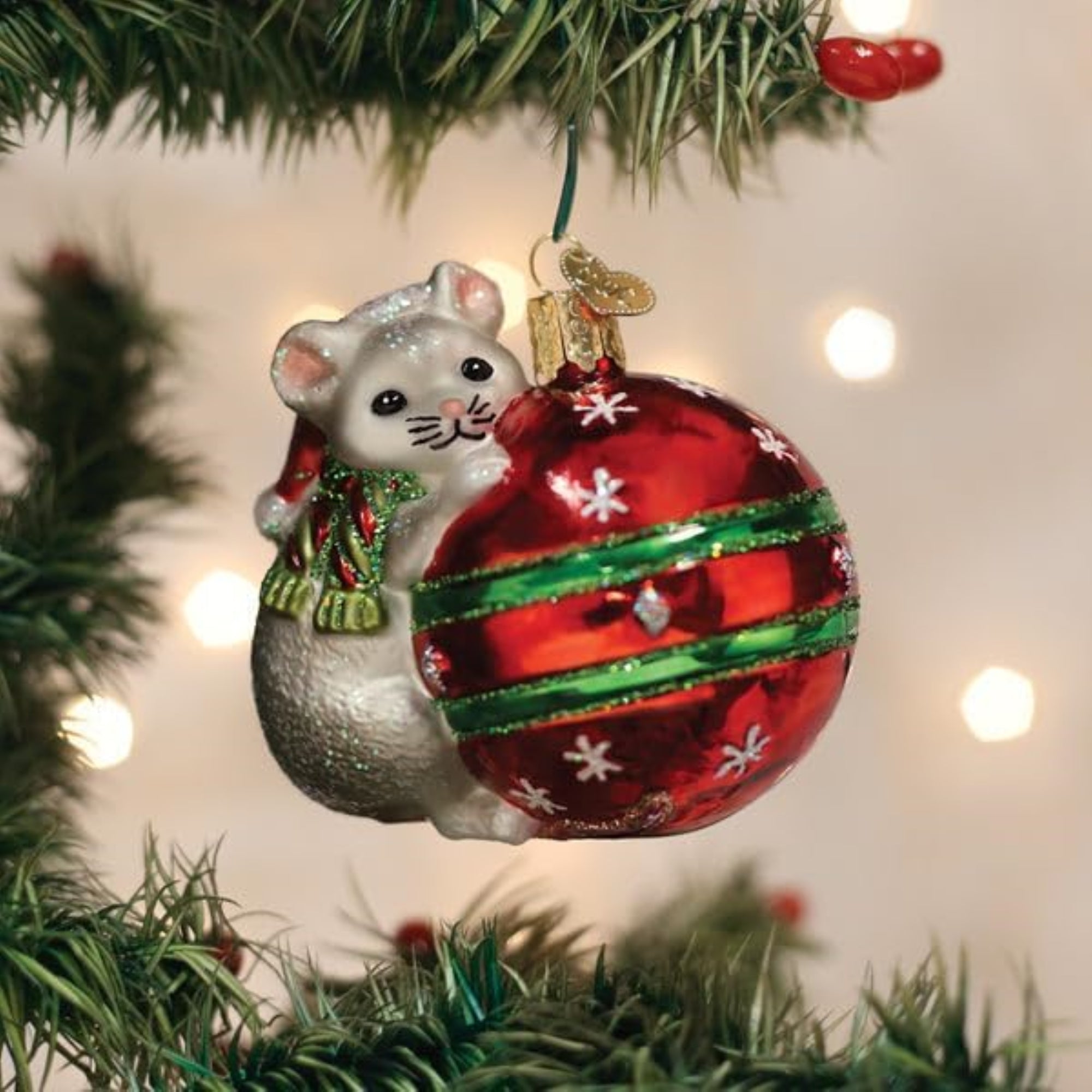 Old World Christmas Blown Glass Ornament for Christmas Tree, Playful Christmas Mouse (with OWC Gift Box)