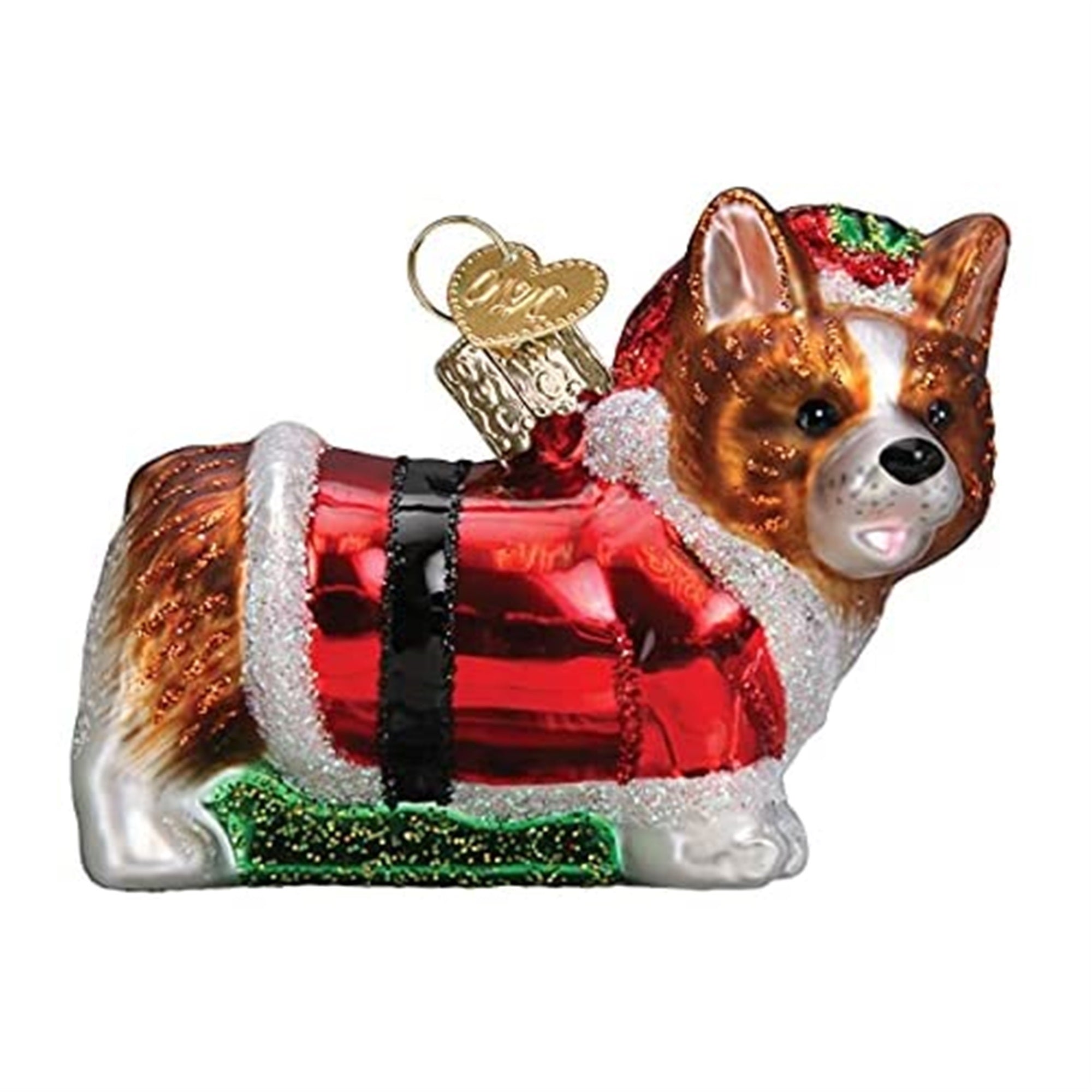 Old World Christmas Blown Glass Ornament for Christmas Tree, Holly Hat Corgi Puppy