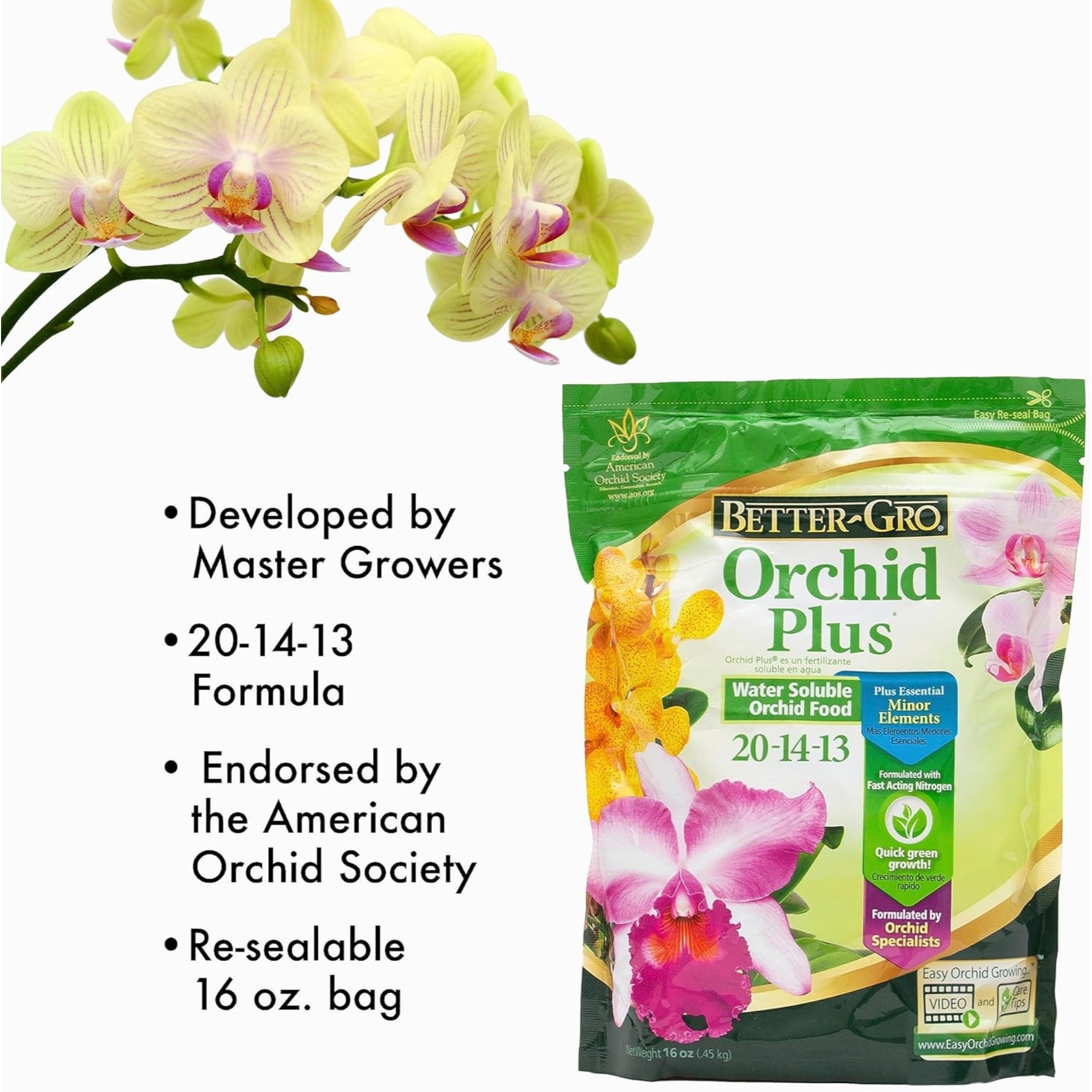 Better-Gro Orchid Plus 20-14-13 - Urea-Free Orchid Water Soluble Fertilizer for Vigorous Growth, Nitrate Nitrogen-Rich, Ideal for Indoor Potted Plants and Tropical Plants - 16oz Resealable Bag