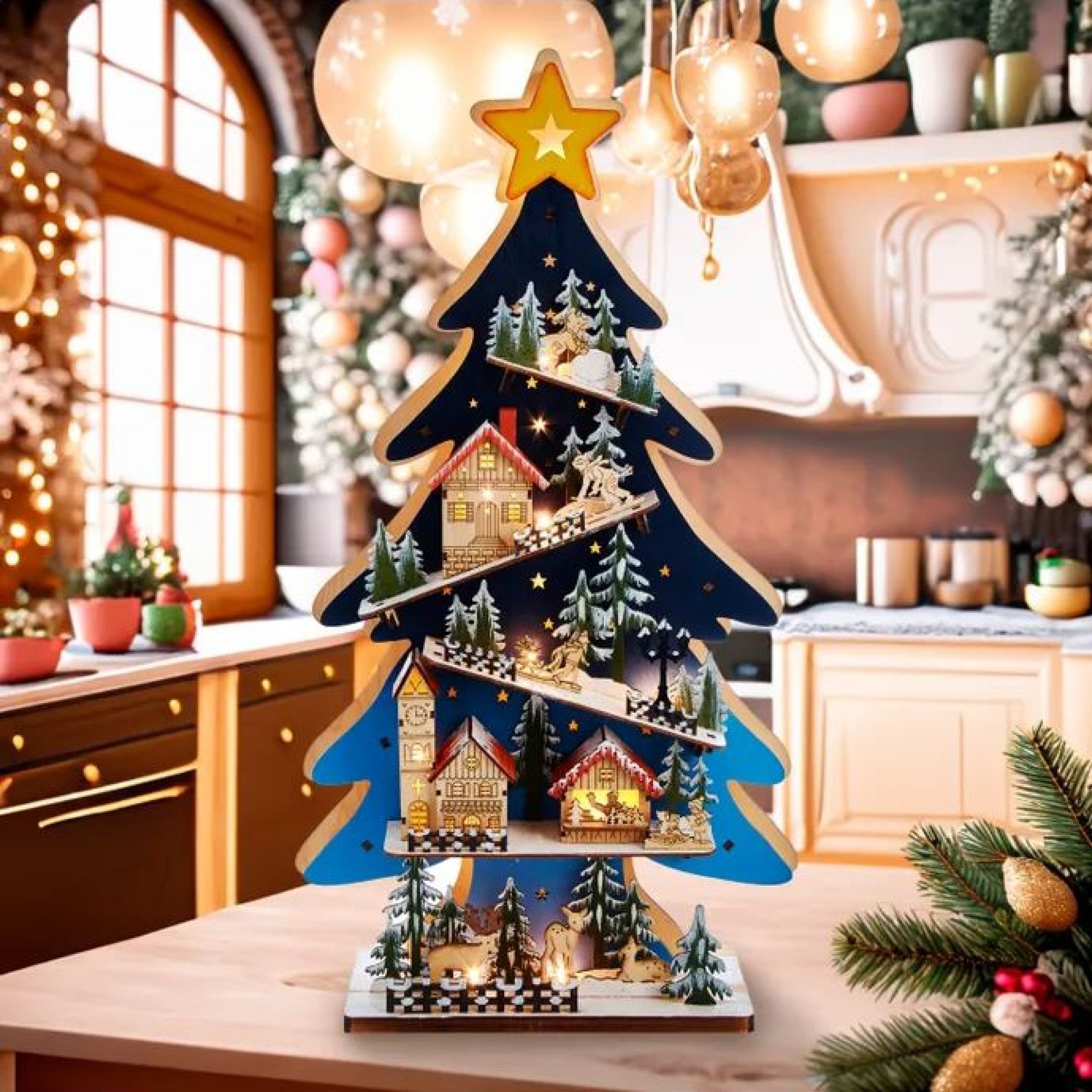 Kurt Adler Battery-Operated Light-Up LED Wooden Christmas Tree with Village, 23.5in