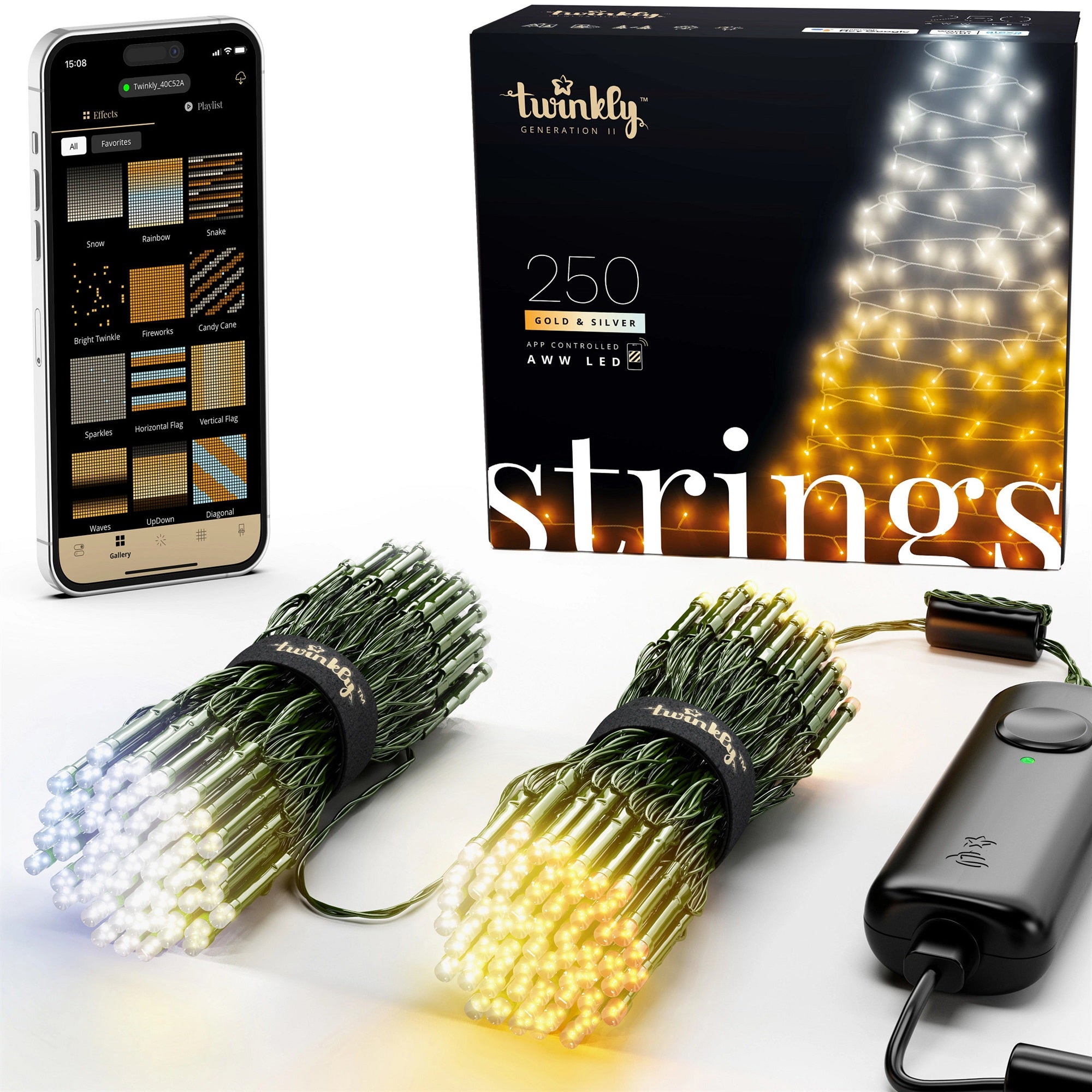 Twinkly Strings App Controlled Green Wire Christmas Light String Indoor and Outdoor Smart Home Lighting Decoration, Gold and Silver AWW LED