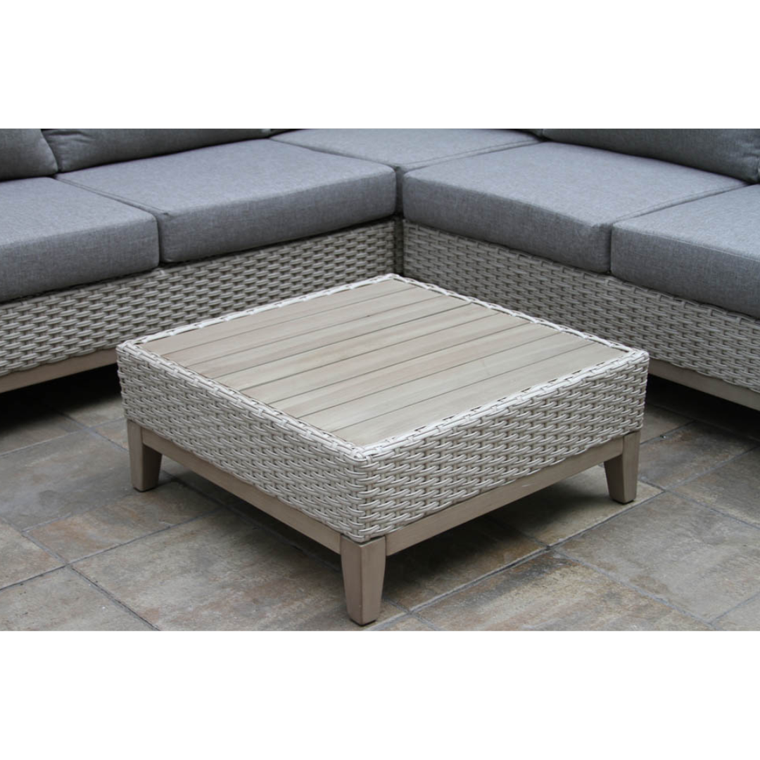 Outdoor Interiors Antique Stained Eucalyptus and Light Beige Wicker Contemporary Sectional Patio Furniture Set, 4 Piece