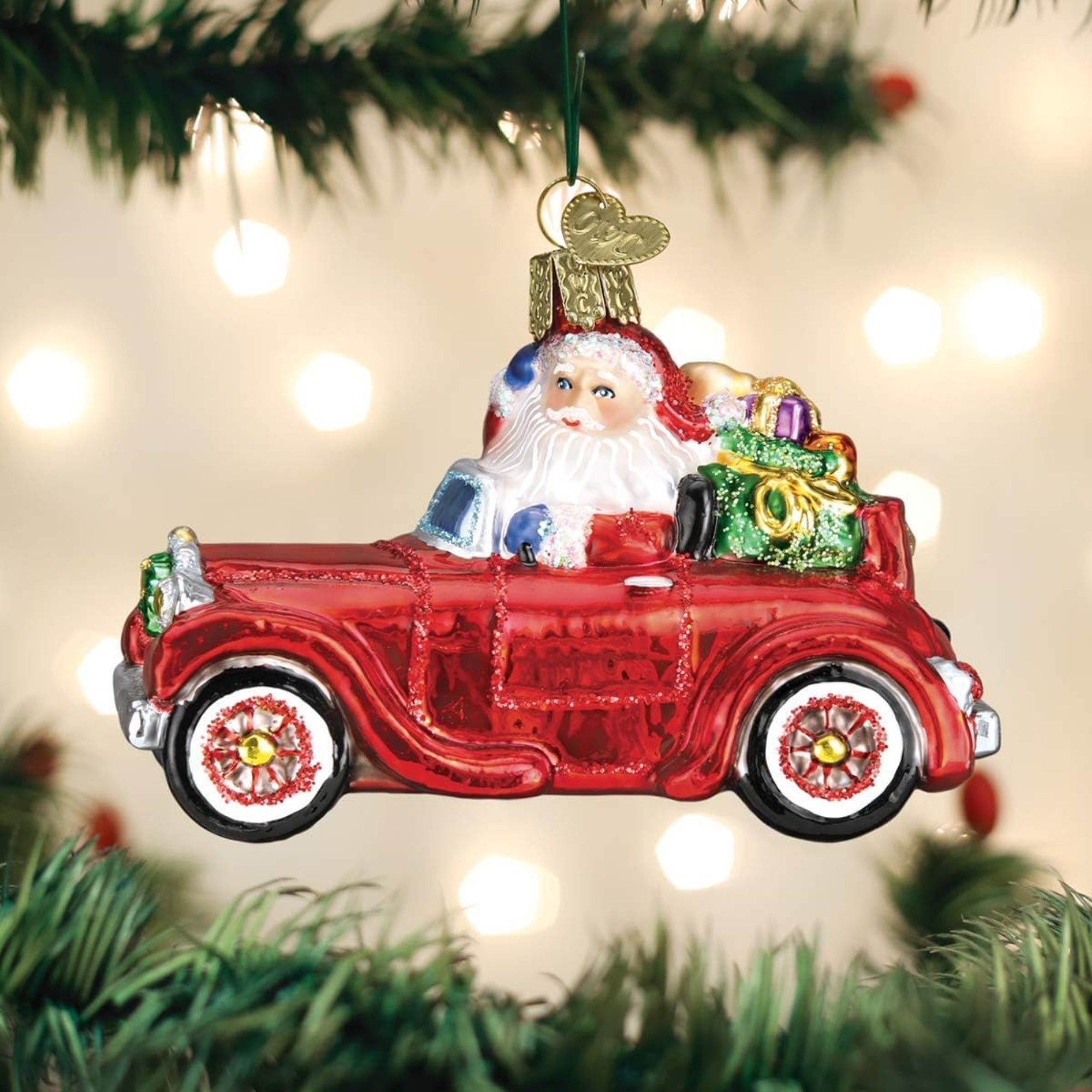 Old World Christmas Blown Glass Ornament for Christmas Tree, Santa In Antique Car (with OWC Gift Box)