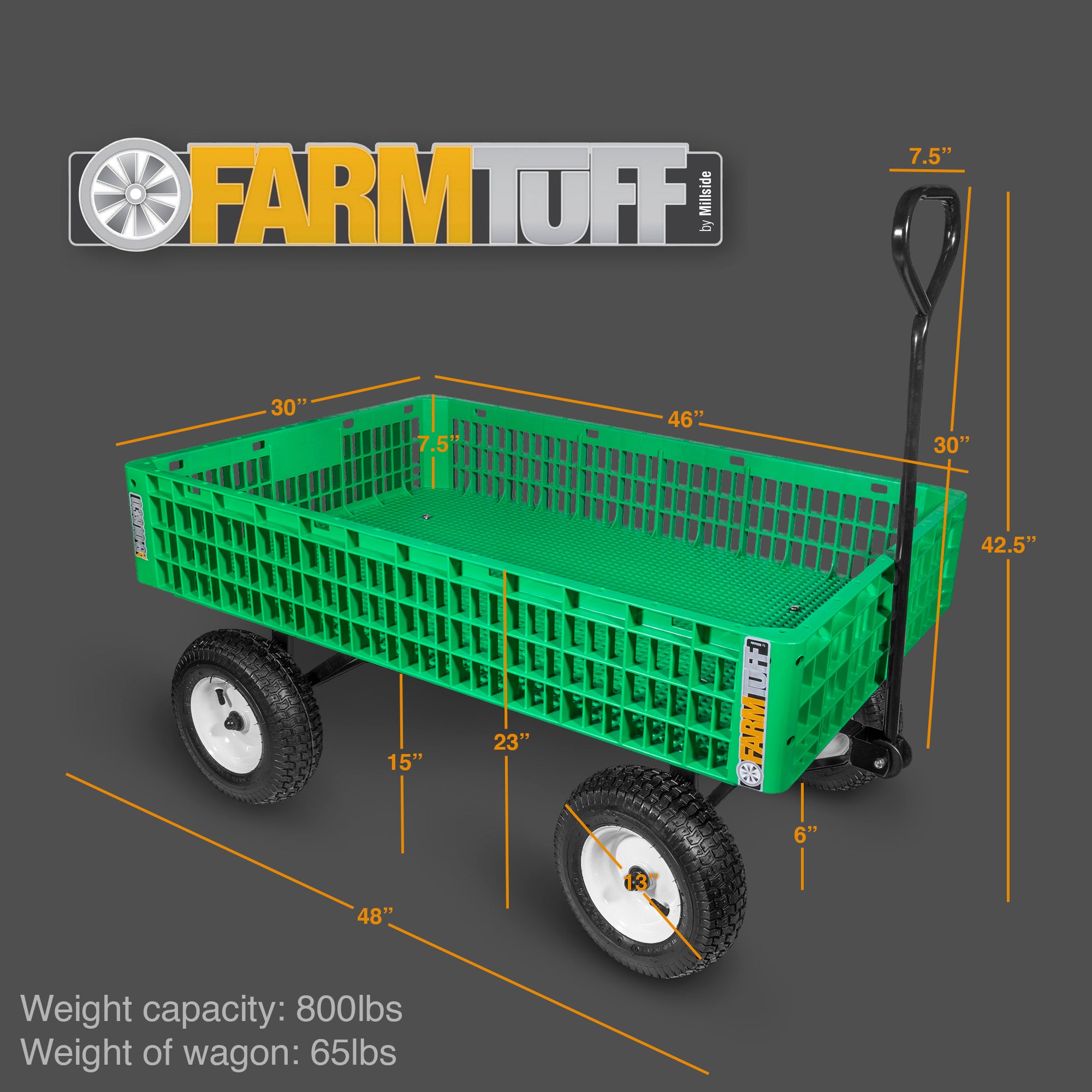 FARM-TUFF Durable Plastic Crate Garden Wagon Utility Cart with Pneumatic Tires for Outdoor Hauling, Green, 30" x 46"