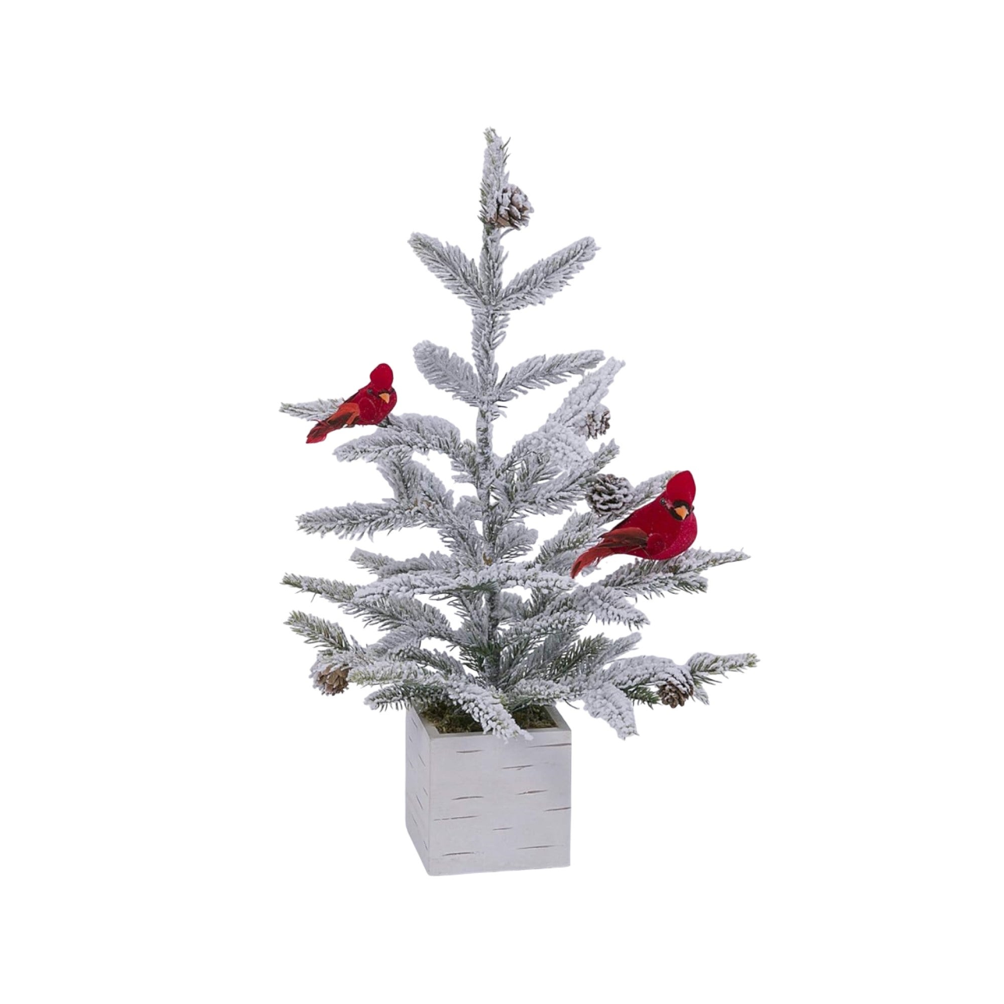 Gerson Holiday Flocked Tabletop Christmas Tree in Wood Box with Cardinals, 18in