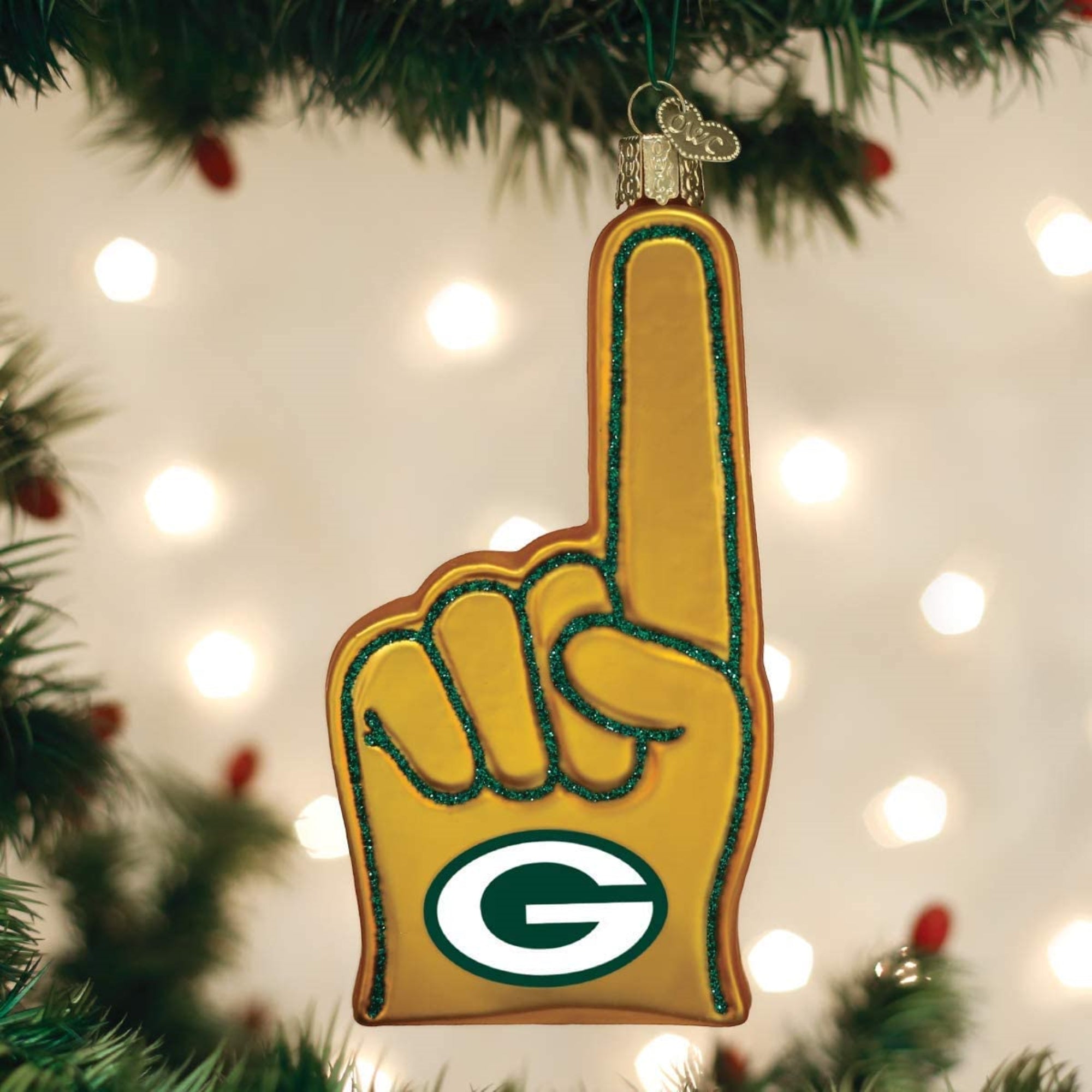 Old World Christmas Blown Glass Ornament for Christmas Tree, Green Bay Packers Foam Finger