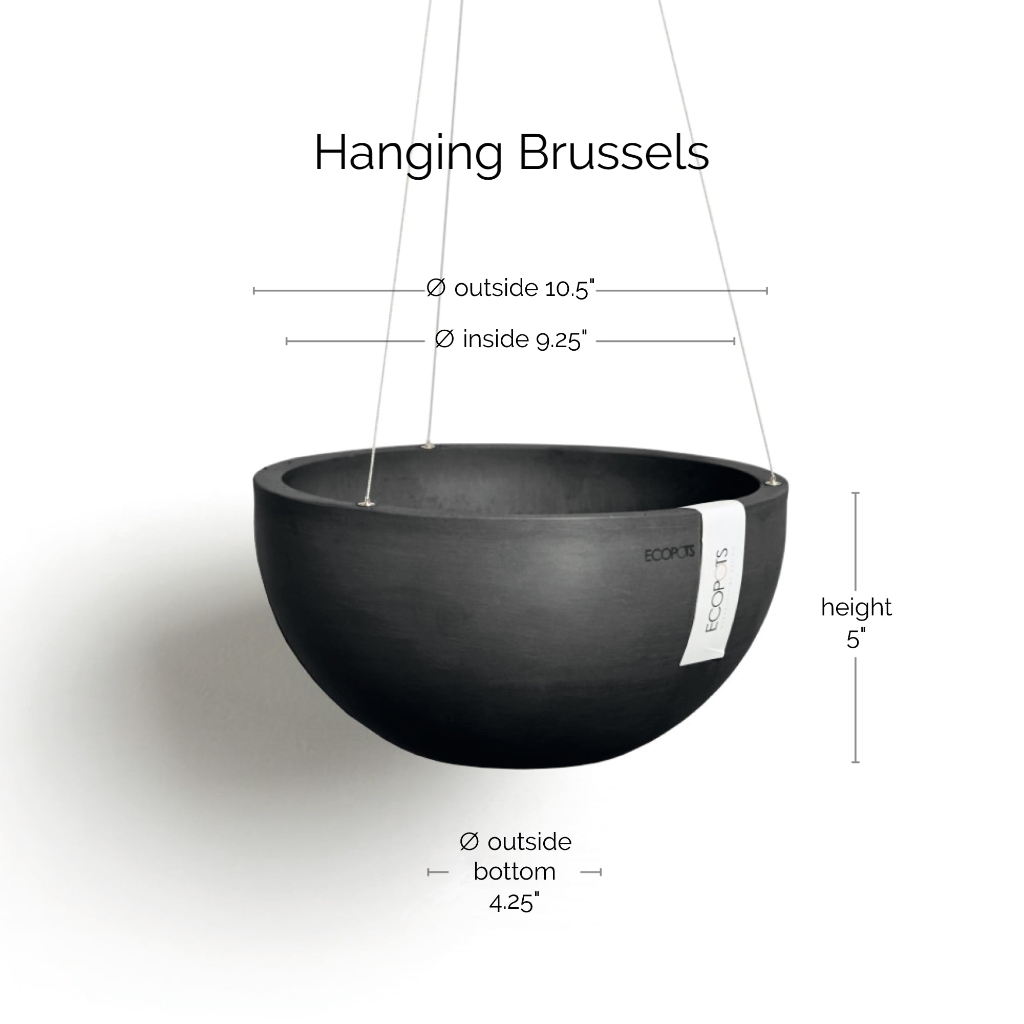 Ecopots Hanging Brussels Durable Modern Round Indoor/Outdoor Recycled-Based Composite Flower Pot Planter