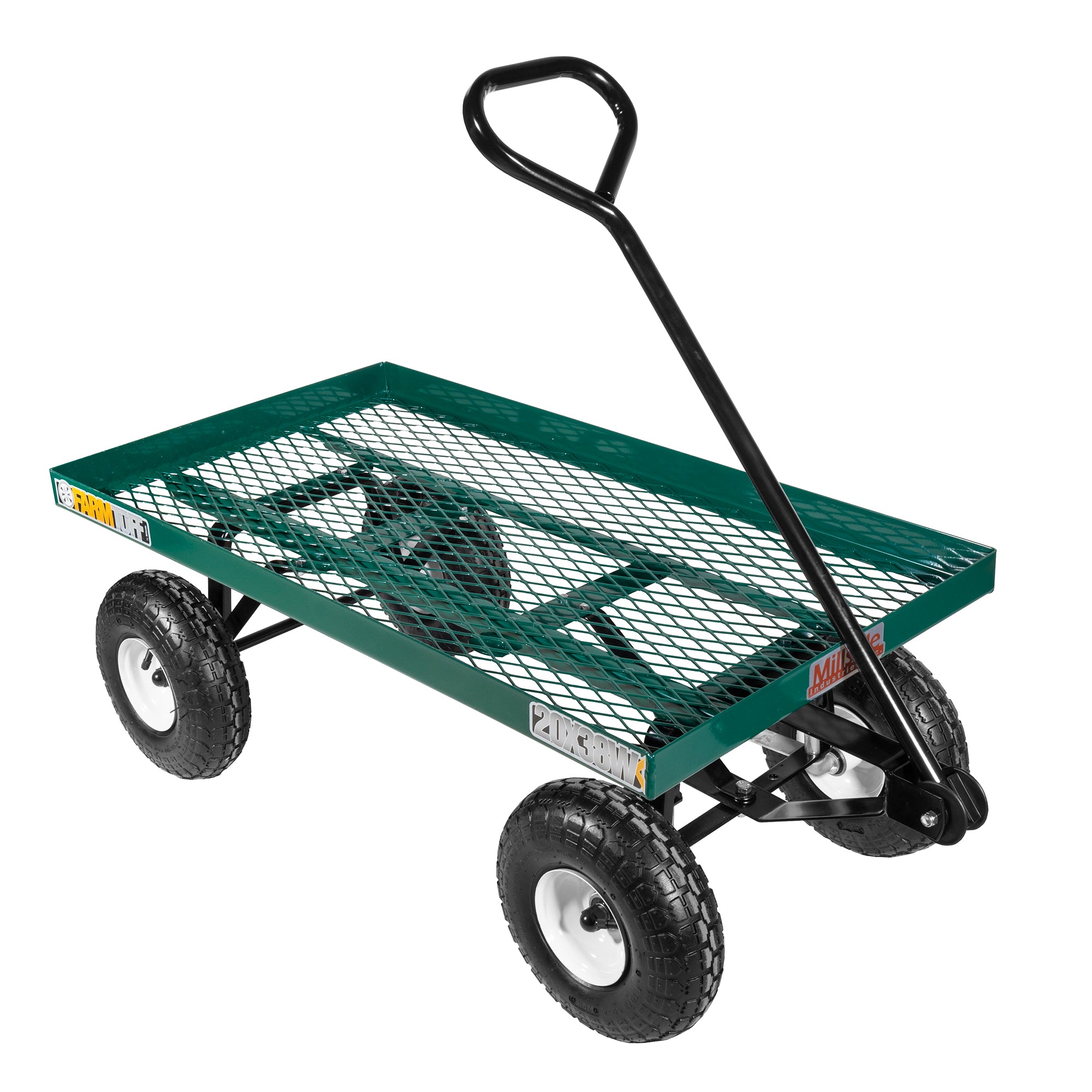 FARM-TUFF Durable Metal Deck Garden Wagon Utility Cart with Pneumatic Tires for Outdoor Hauling, Green, 20" x 38"