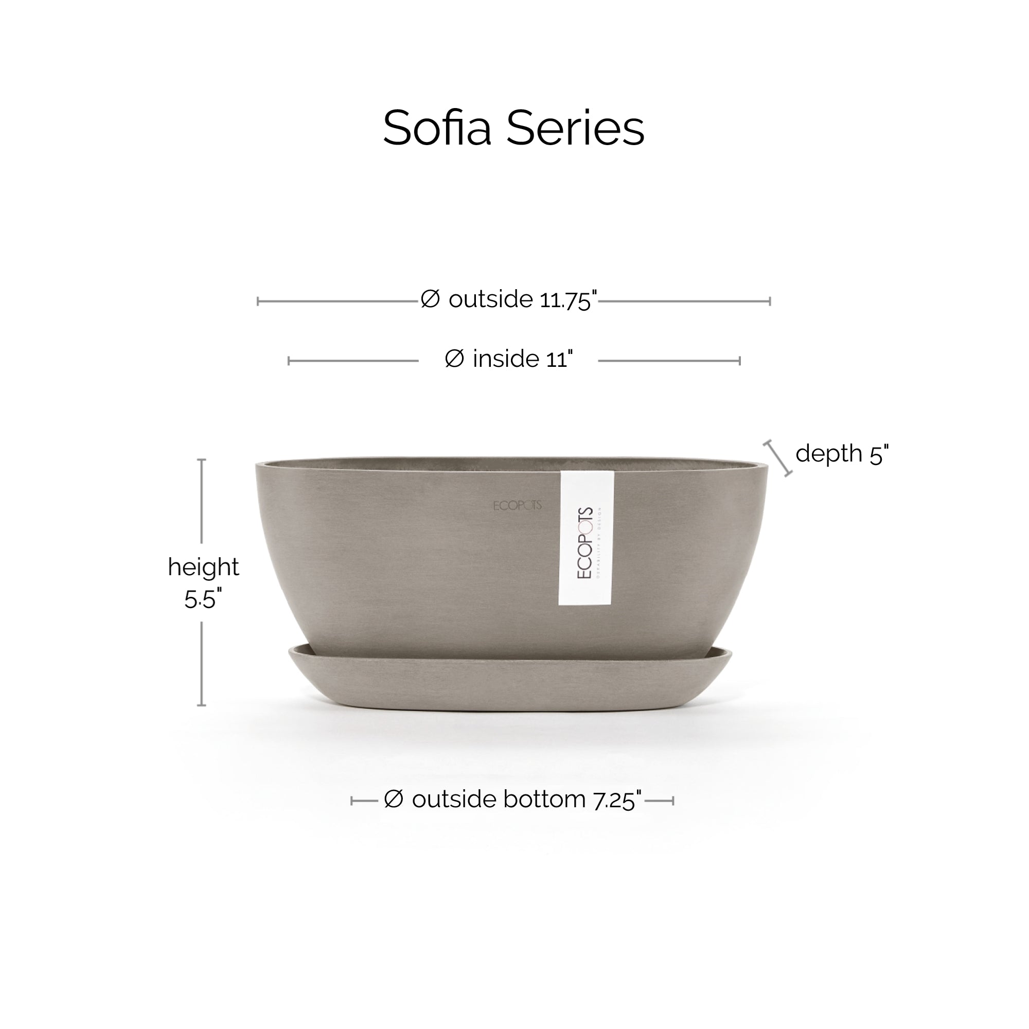 Ecopots Sofia Durable Modern Oval Indoor/Outdoor Recycled-Based Composite Flower Pot Planter w/ Water Reservoir