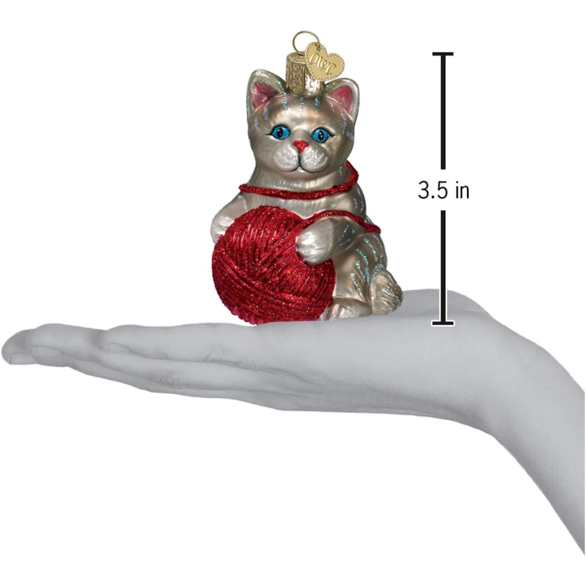 Old World Christmas Blown Glass Ornament for Christmas Tree, Grey/Red Playful Kitten (with OWC Gift Box)