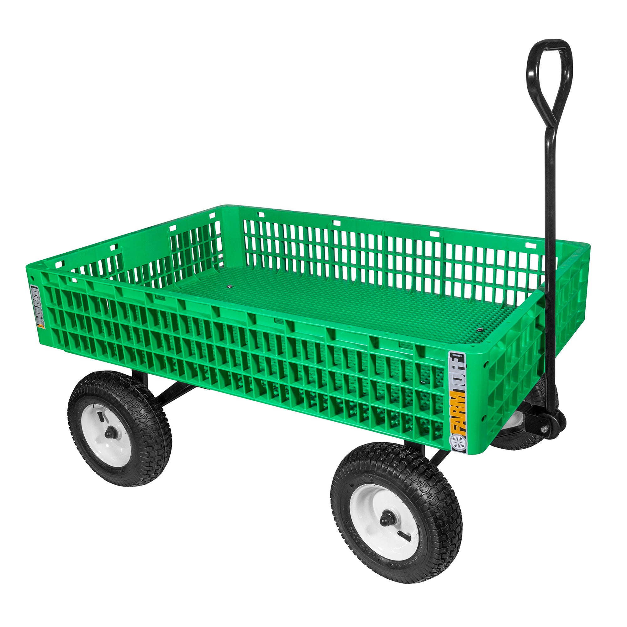 FARM-TUFF Durable Plastic Crate Garden Wagon Utility Cart with Pneumatic Tires for Outdoor Hauling, Green, 30" x 46"