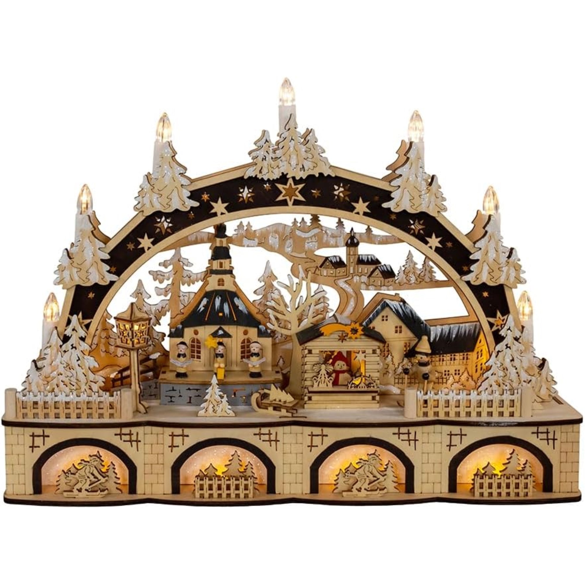 Kurt Adler Battery Operated Wooden LED Light-Up Christmas Village with Candle, 17.75"