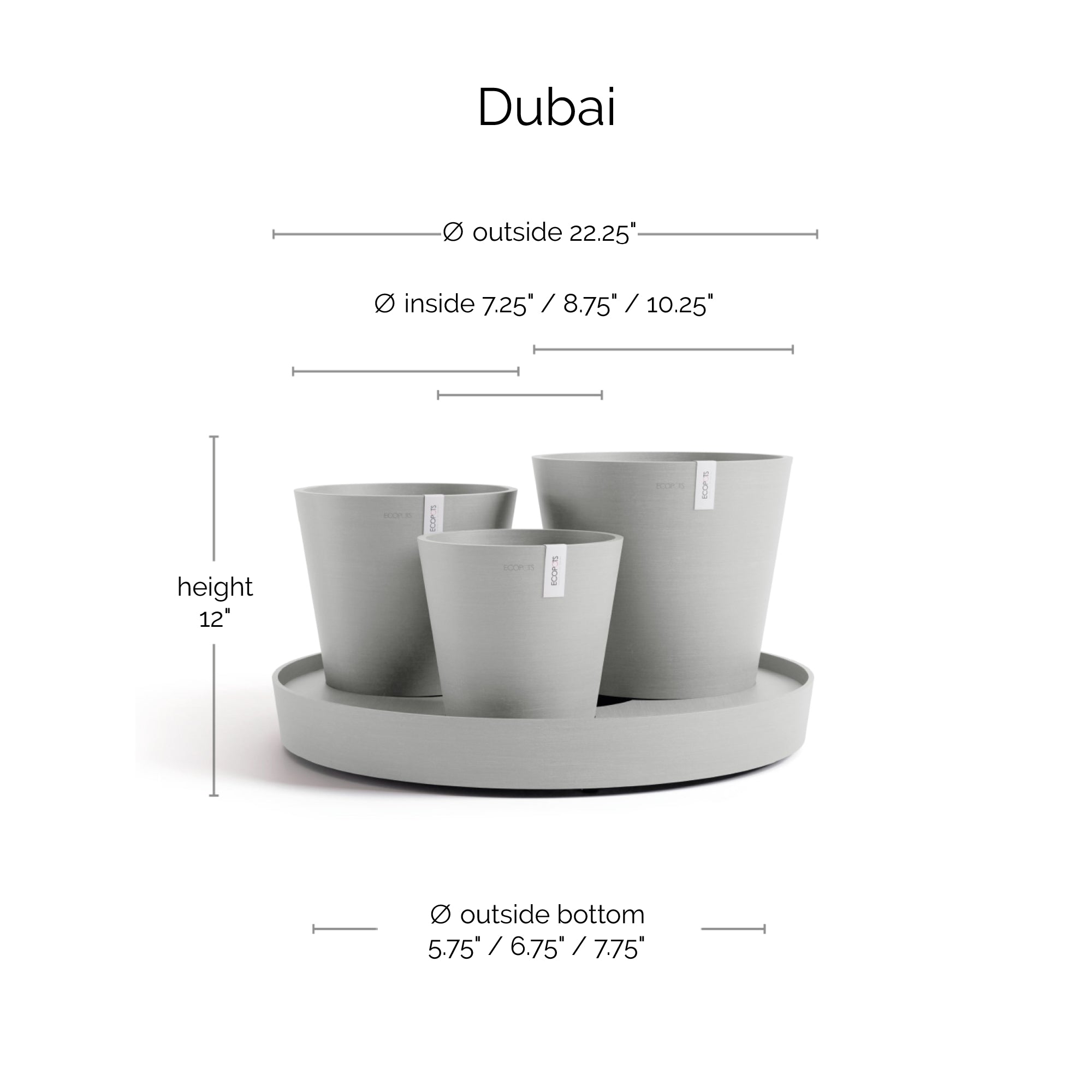 Ecopots Dubai Self Watering Durable Modern Round Indoor/Outdoor Recycled-Based Composite Flower Pot Planters w/Wheels and Saucer, 22"