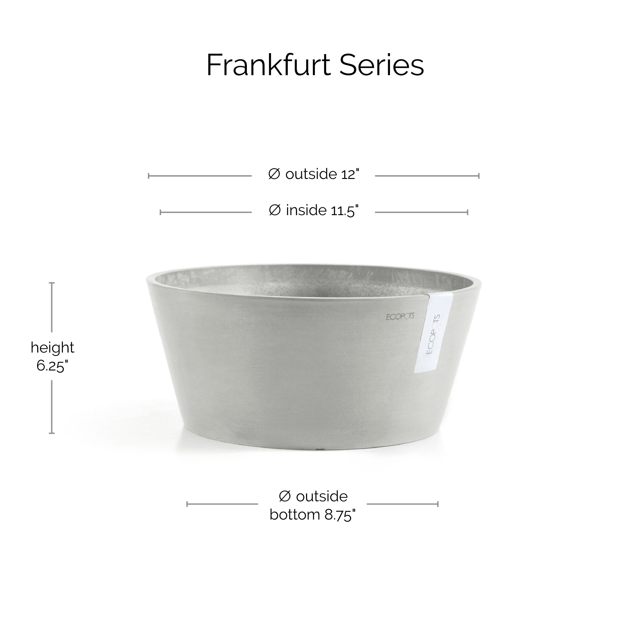 Ecopots Frankfurt Durable Modern Round Indoor/Outdoor Recycled-Based Composite Flower Pot Planter, 12"
