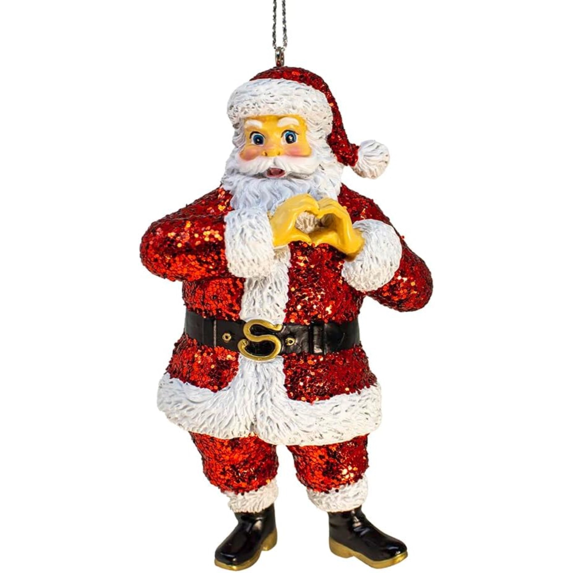Kurt Adler Hanging Resin Christmas Tree Ornament, Glittered Santa with Heart Hands, 4"