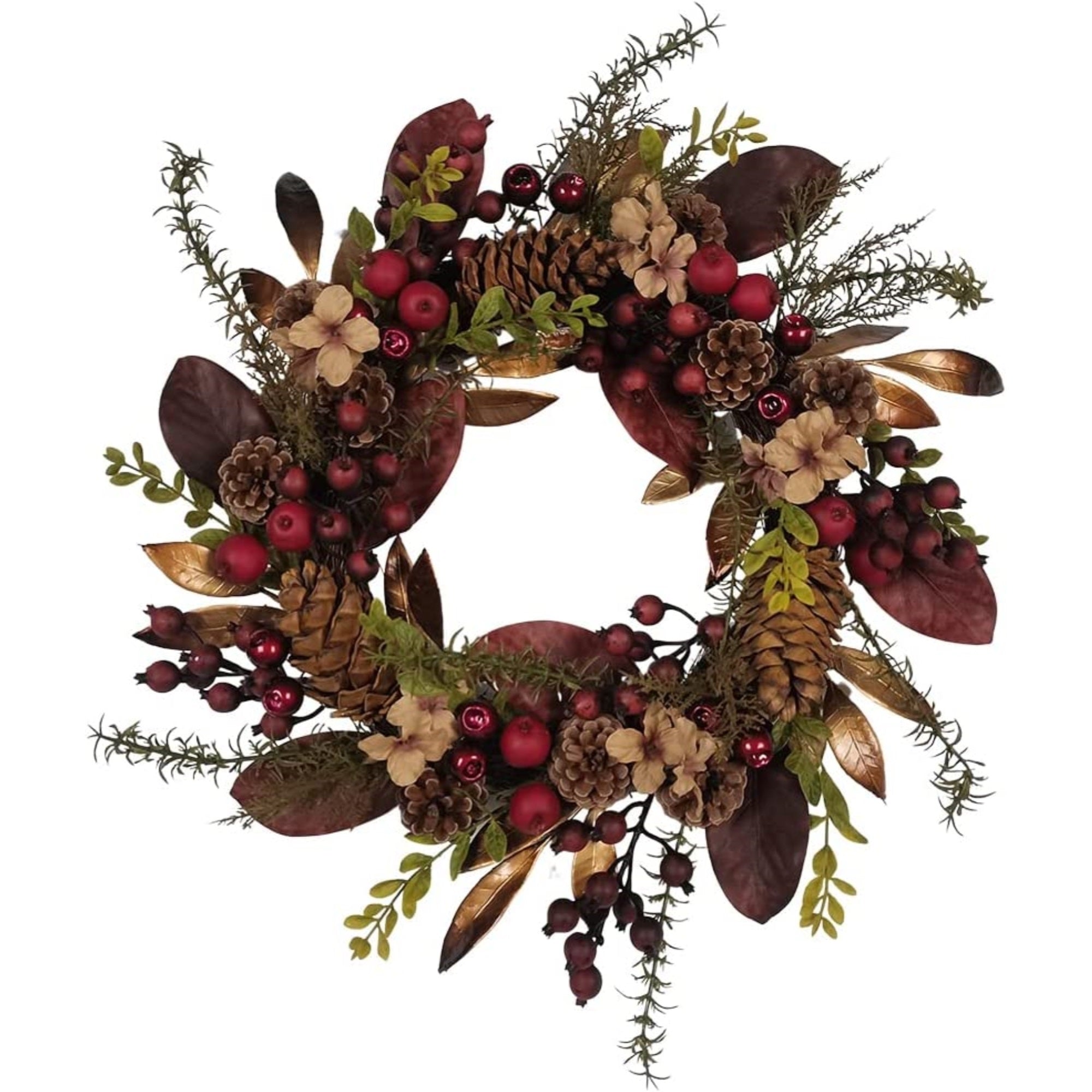 Kurt Adler Artificial Berries and Pinecones Burgundy Rattan Wreath Christmas Decoration, 19in