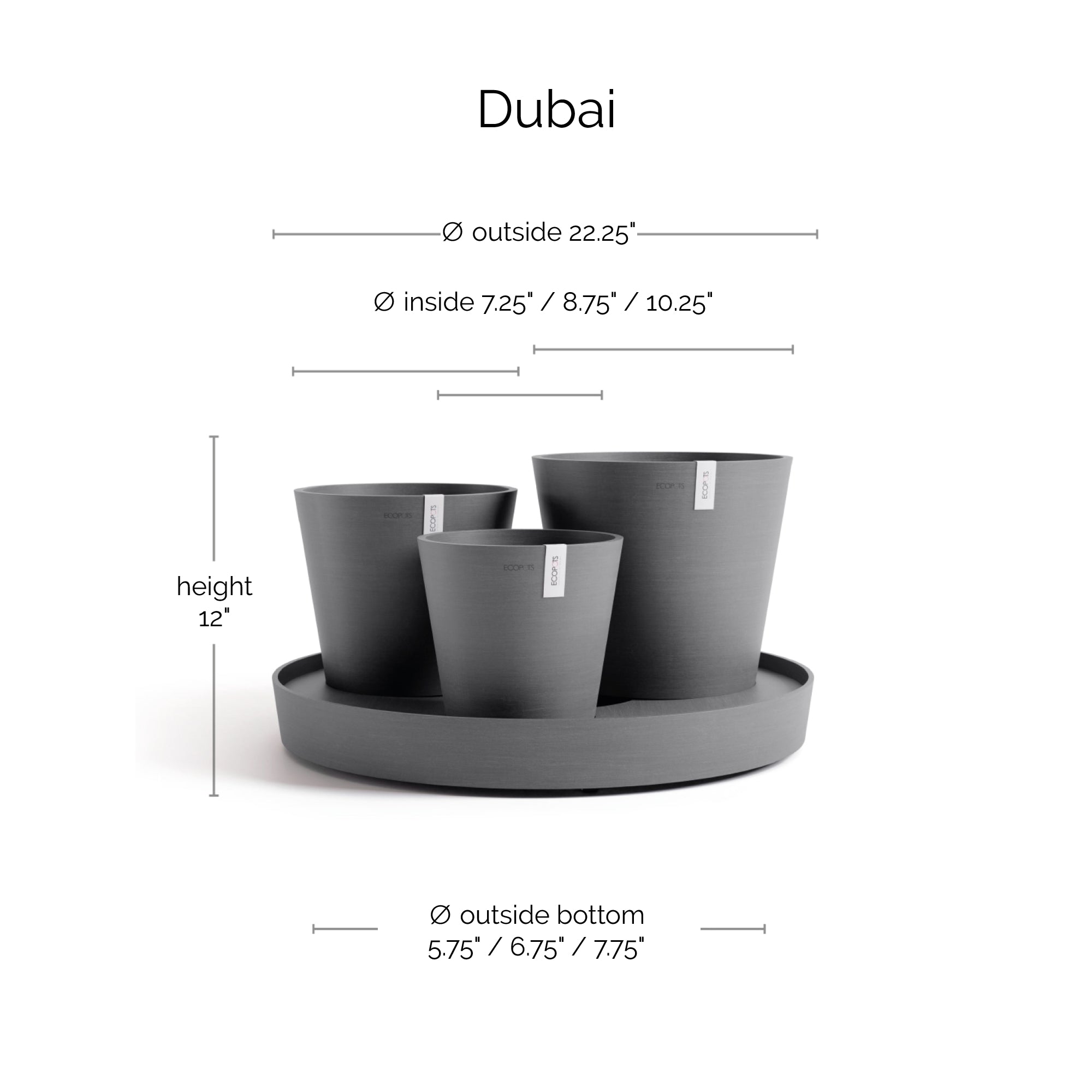 Ecopots Dubai Self Watering Durable Modern Round Indoor/Outdoor Recycled-Based Composite Flower Pot Planters w/Wheels and Saucer, 22"