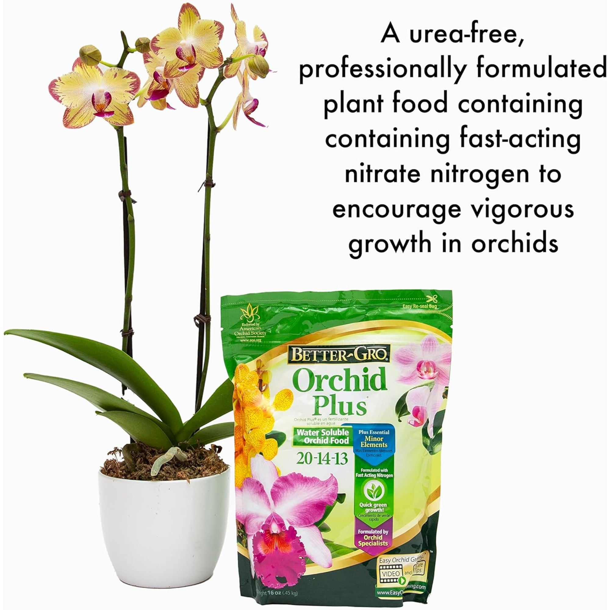 Better-Gro Orchid Plus 20-14-13 - Urea-Free Orchid Water Soluble Fertilizer for Vigorous Growth, Nitrate Nitrogen-Rich, Ideal for Indoor Potted Plants and Tropical Plants - 16oz Resealable Bag