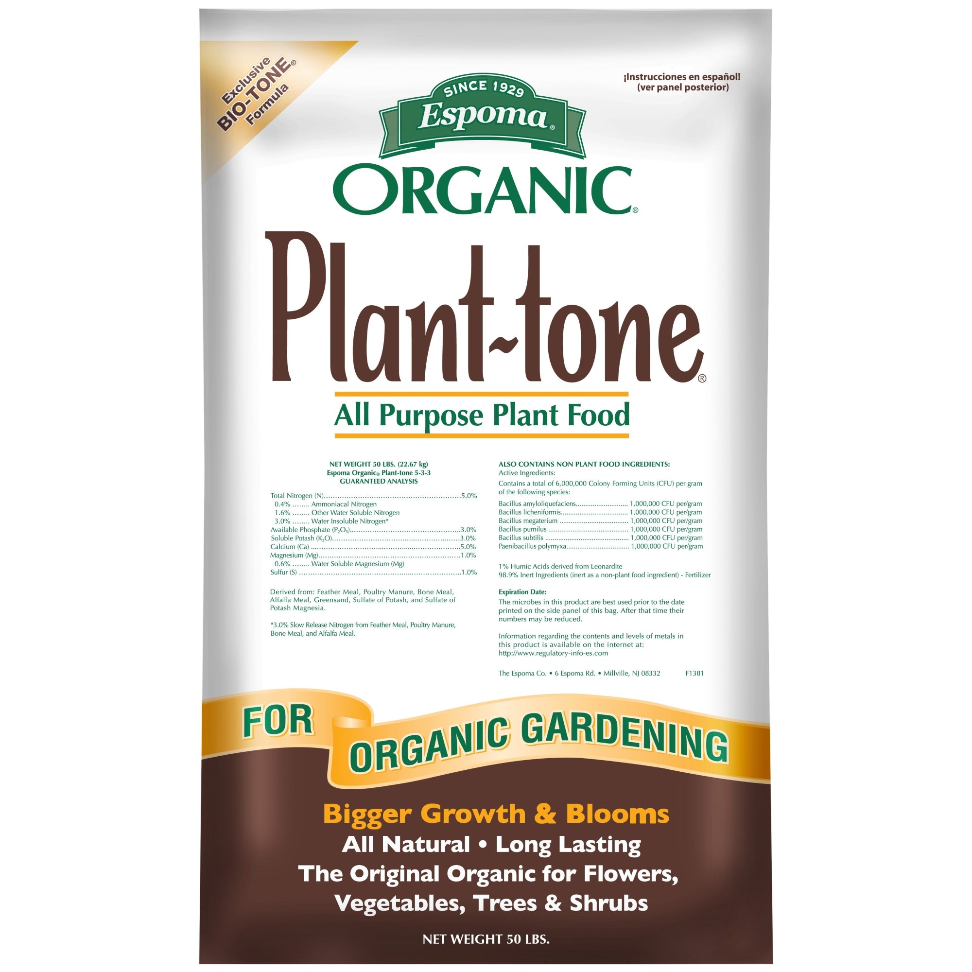 Espoma Organic Plant-tone 5-3-3 All Purpose Plant Food for Organic Gardening, Bigger Growth & Blooms for Flowers, Vegetables, Trees, and Shrubs