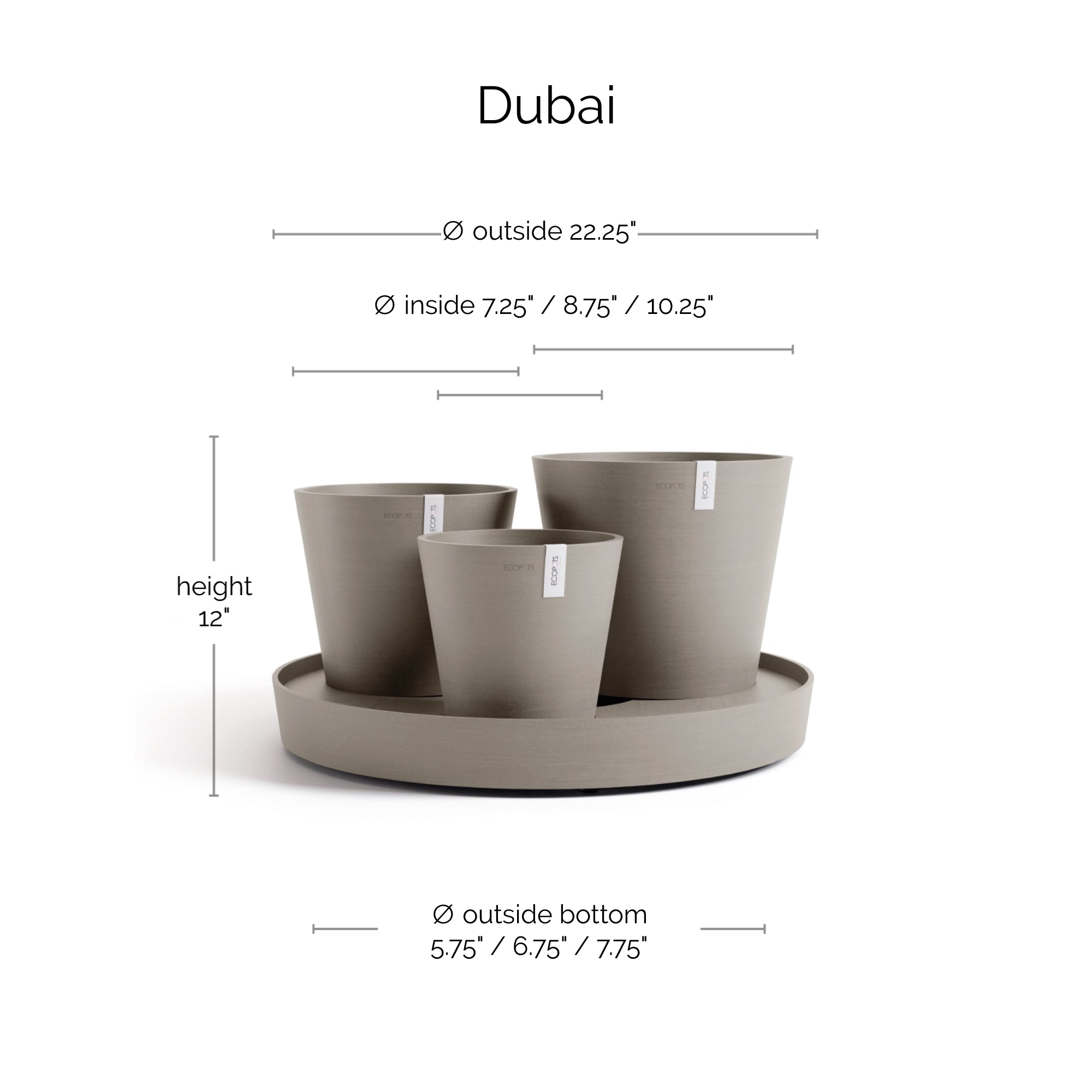 Ecopots Dubai Self Watering Durable Modern Round Indoor/Outdoor Recycled-Based Composite Flower Pot Planters w/Wheels and Saucer, 22"