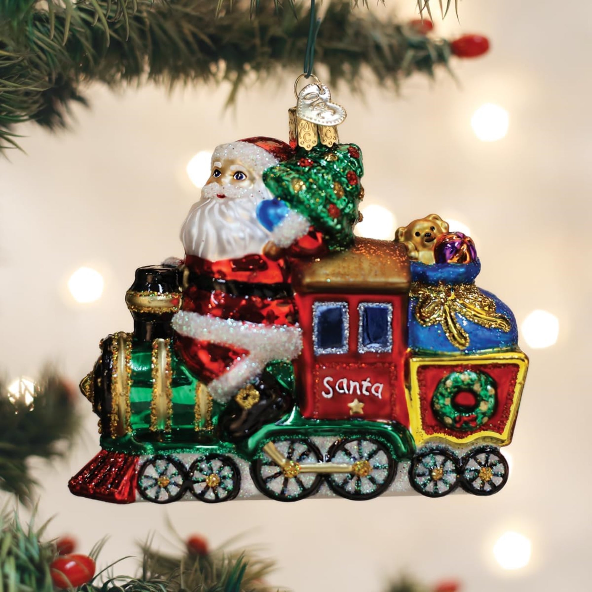 Old World Christmas Blown Glass Ornament for Christmas Tree, Santa On Locomotive