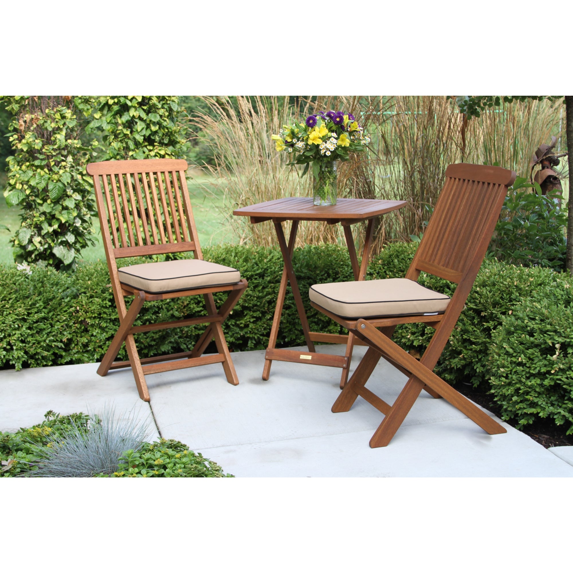 Outdoor Interiors Eucalyptus Wood 3-Piece Square Foldable Bistro Outdoor Furniture Patio Set, Table and 2 Chairs with Cushions
