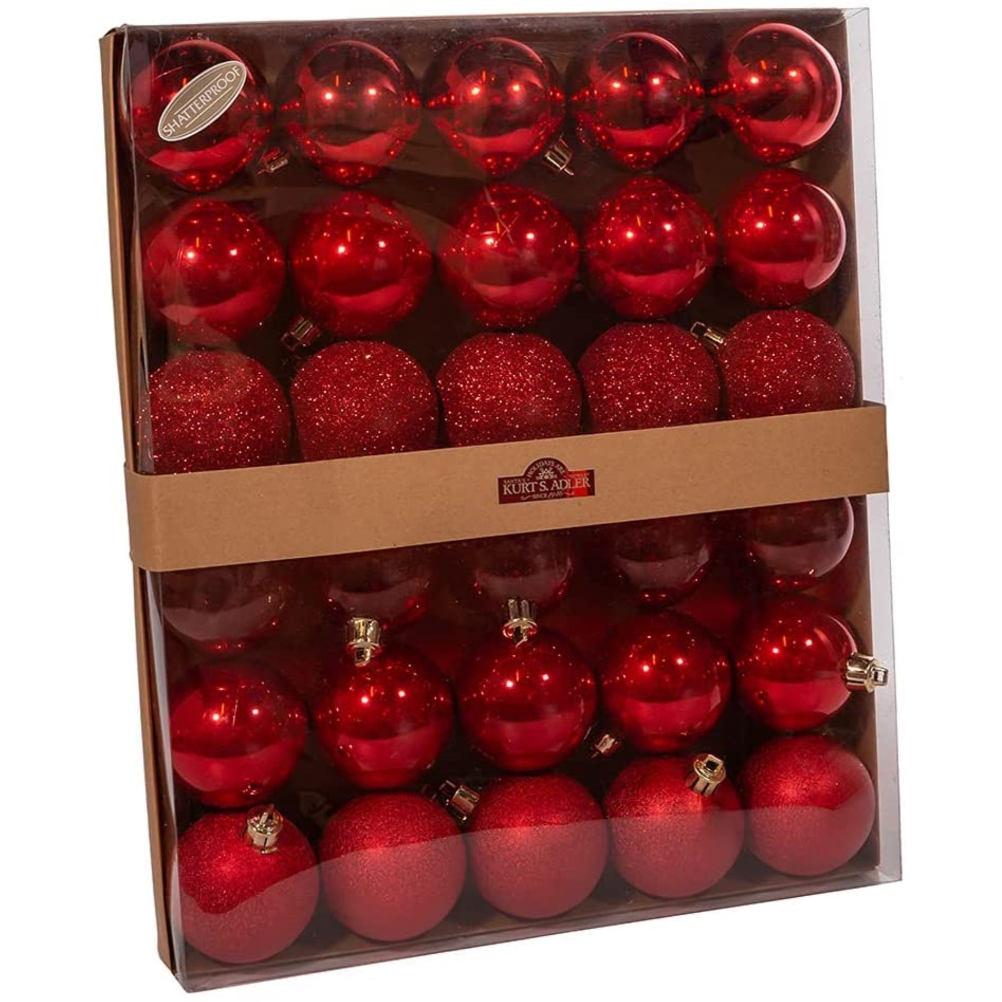 Kurt Adler Shatterproof Christmas Tree Ornament Set, Multi-finished Red Balls, 2.5" (30-Count)