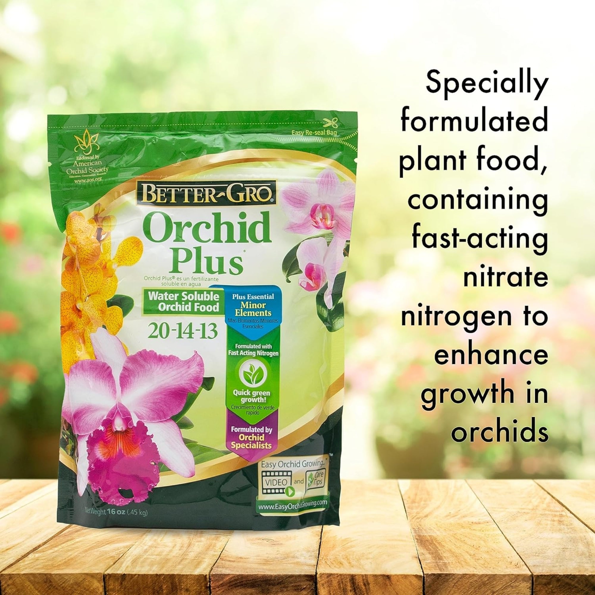 Better-Gro Orchid Plus 20-14-13 - Urea-Free Orchid Water Soluble Fertilizer for Vigorous Growth, Nitrate Nitrogen-Rich, Ideal for Indoor Potted Plants and Tropical Plants - 16oz Resealable Bag