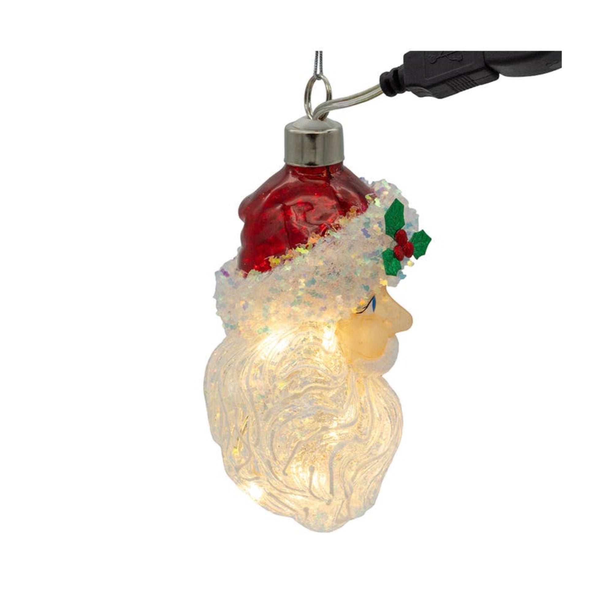 Kurt Adler Pre-lit Hanging Glass Ornament, Warm White LED's, USB-Powered Santa Head