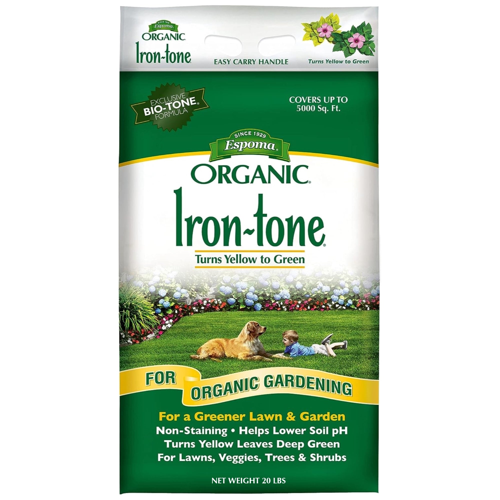 Espoma Organic Iron-tone 3-0-3 Plant Food for Organic Gardening, Lowers Soil pH - Turns Yellow to Green for a Greener Lawn and Garden
