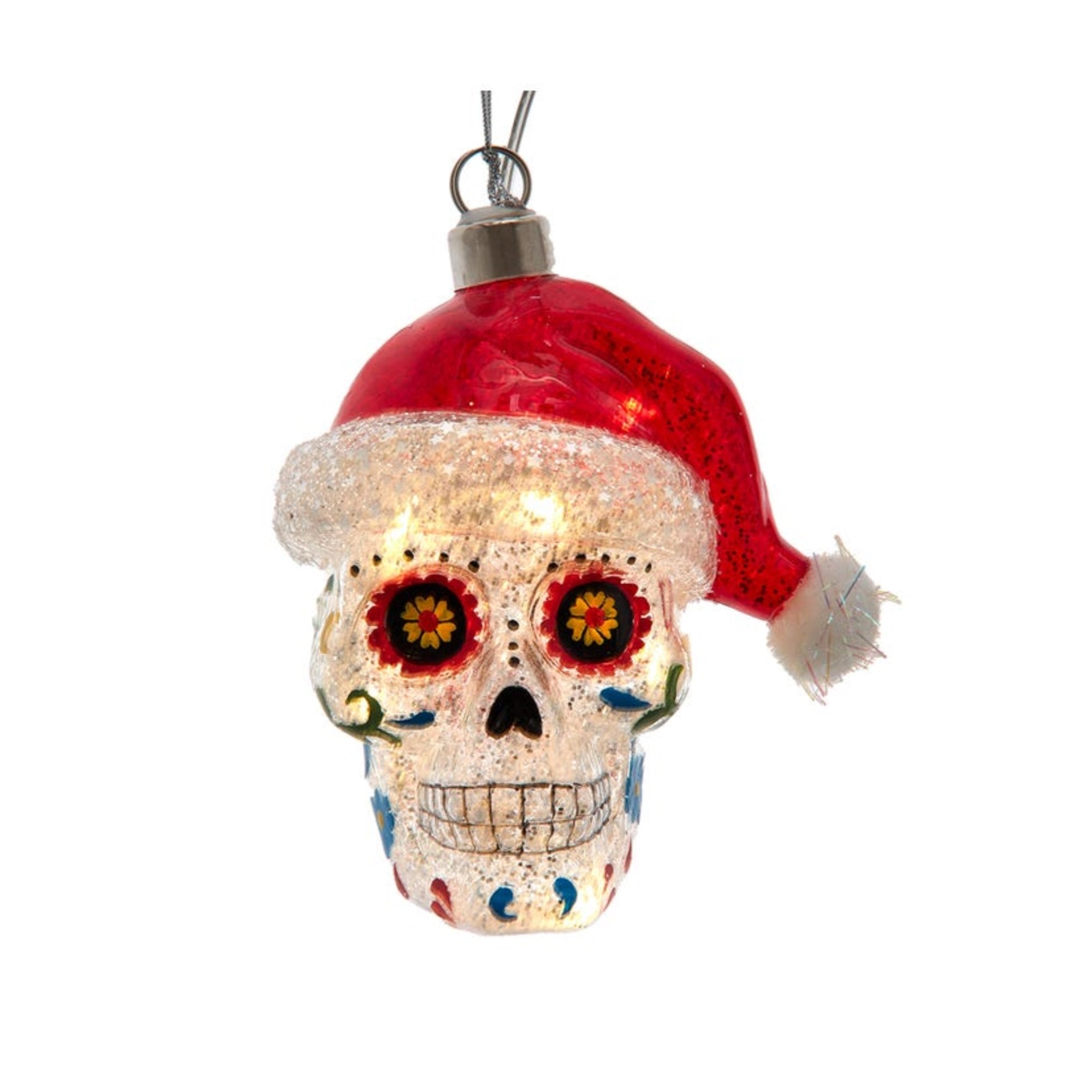 Kurt Adler Pre-lit Hanging Glass Ornament, Warm White LED's, USB-Powered Day of the Dead Skull with Santa Hat