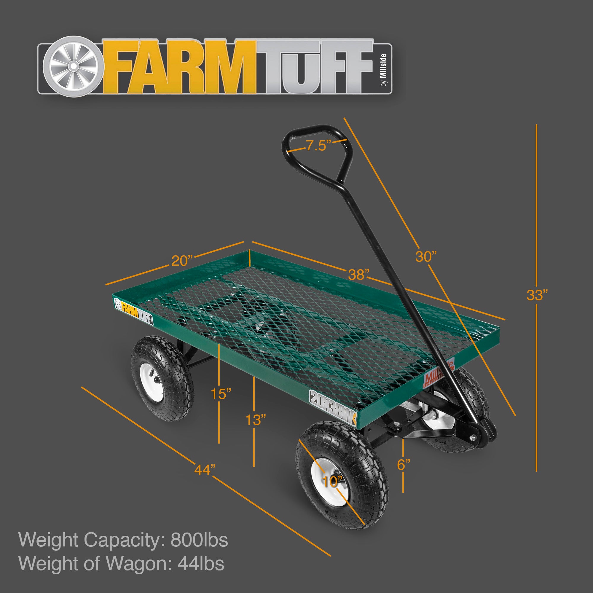 FARM-TUFF Durable Metal Deck Garden Wagon Utility Cart with Pneumatic Tires for Outdoor Hauling, Green, 20" x 38"