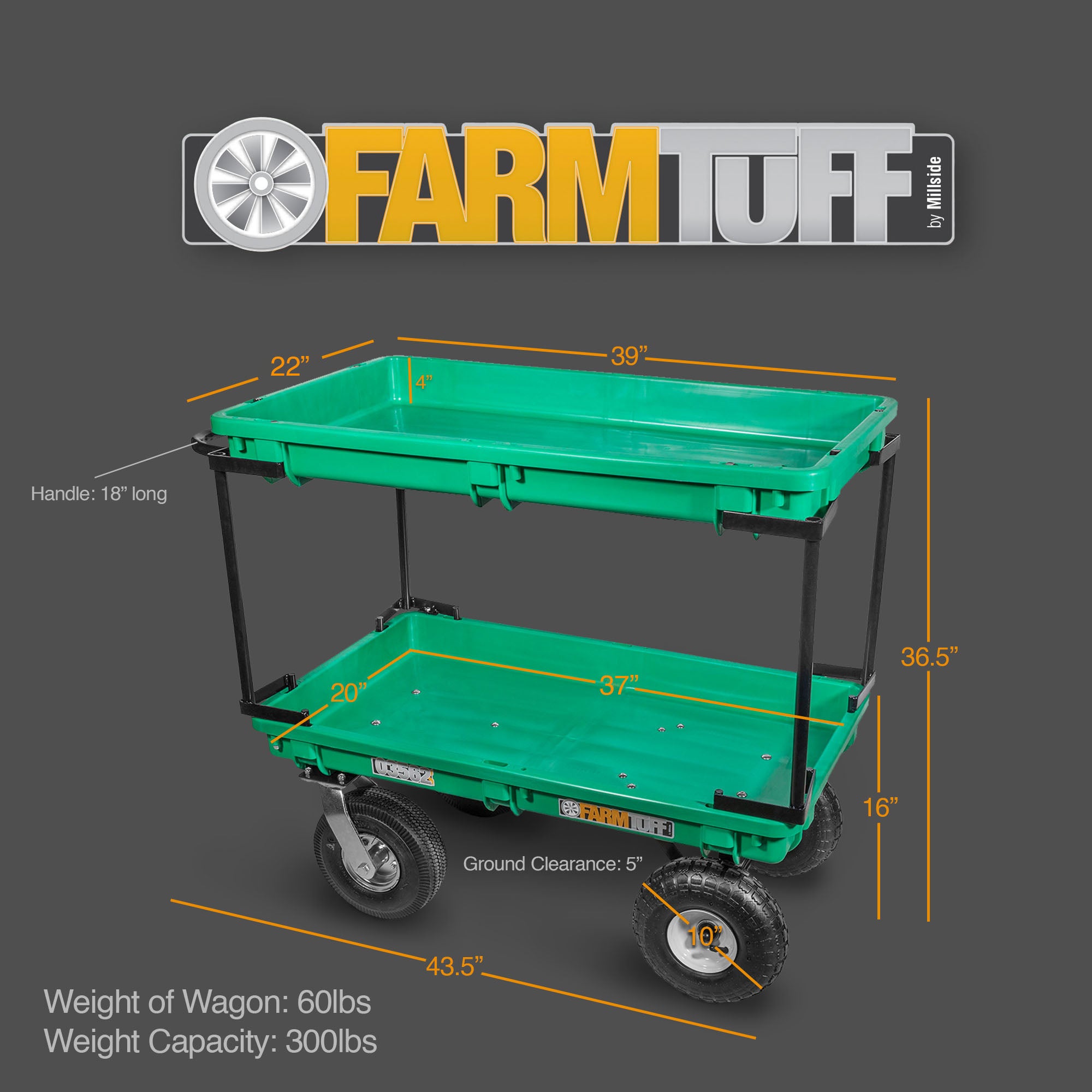 FARM-TUFF Durable Plastic Double Deck Garden Wagon Utility Shop Cart with Pneumatic Tires for Outdoor Hauling, Green, 20" x 38"