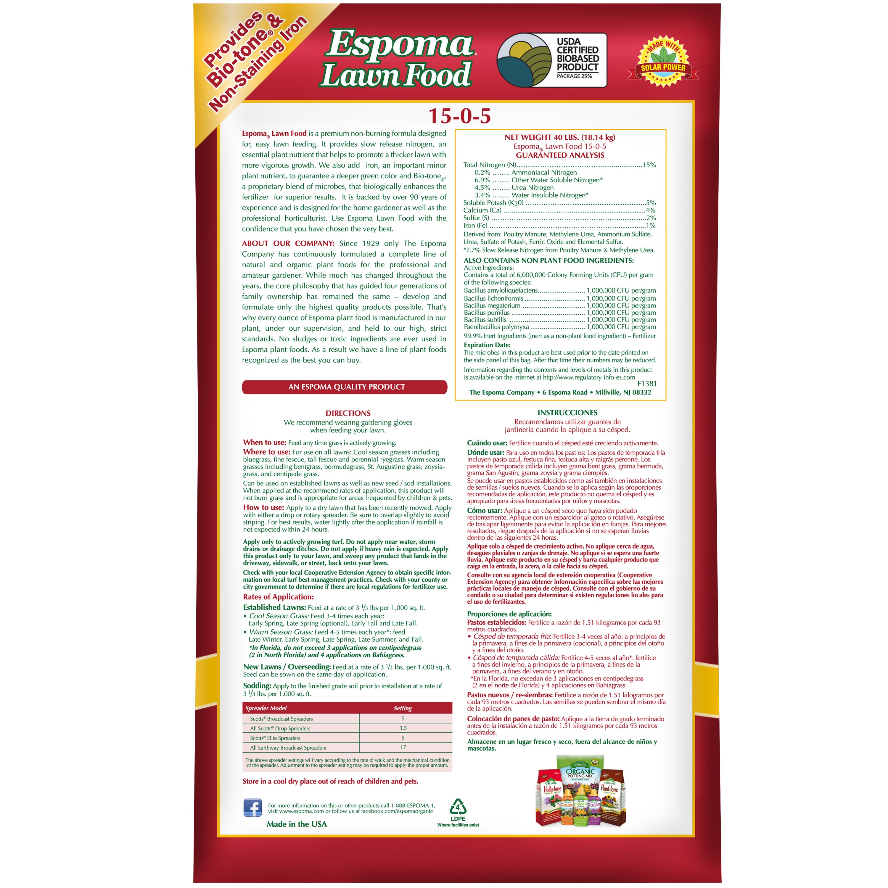 Espoma 15-0-5 Lawn Food, Rich in Natural Organics, for All Seasons, Contains Bio-tone & Non-Staining Iron, Safe to Use Around Kids & Pets